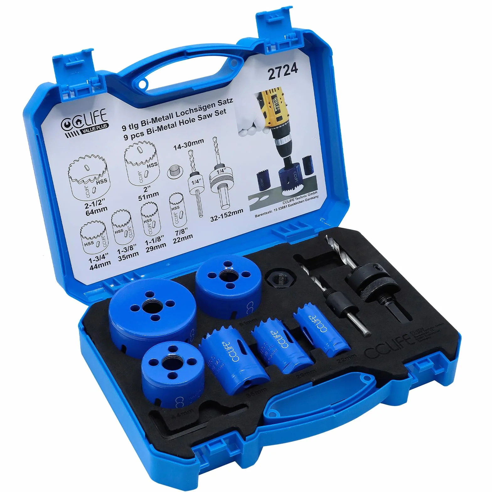 CCLIFE Juego de sierra perforadora bimetálica, 8 piezas, bimetal M3 HSS-CO, diámetro de 22 – 64 mm, profundidad de corte 38 mm, para taladrar acero inoxidable, metal ligero, madera, PVC, plástico, etc