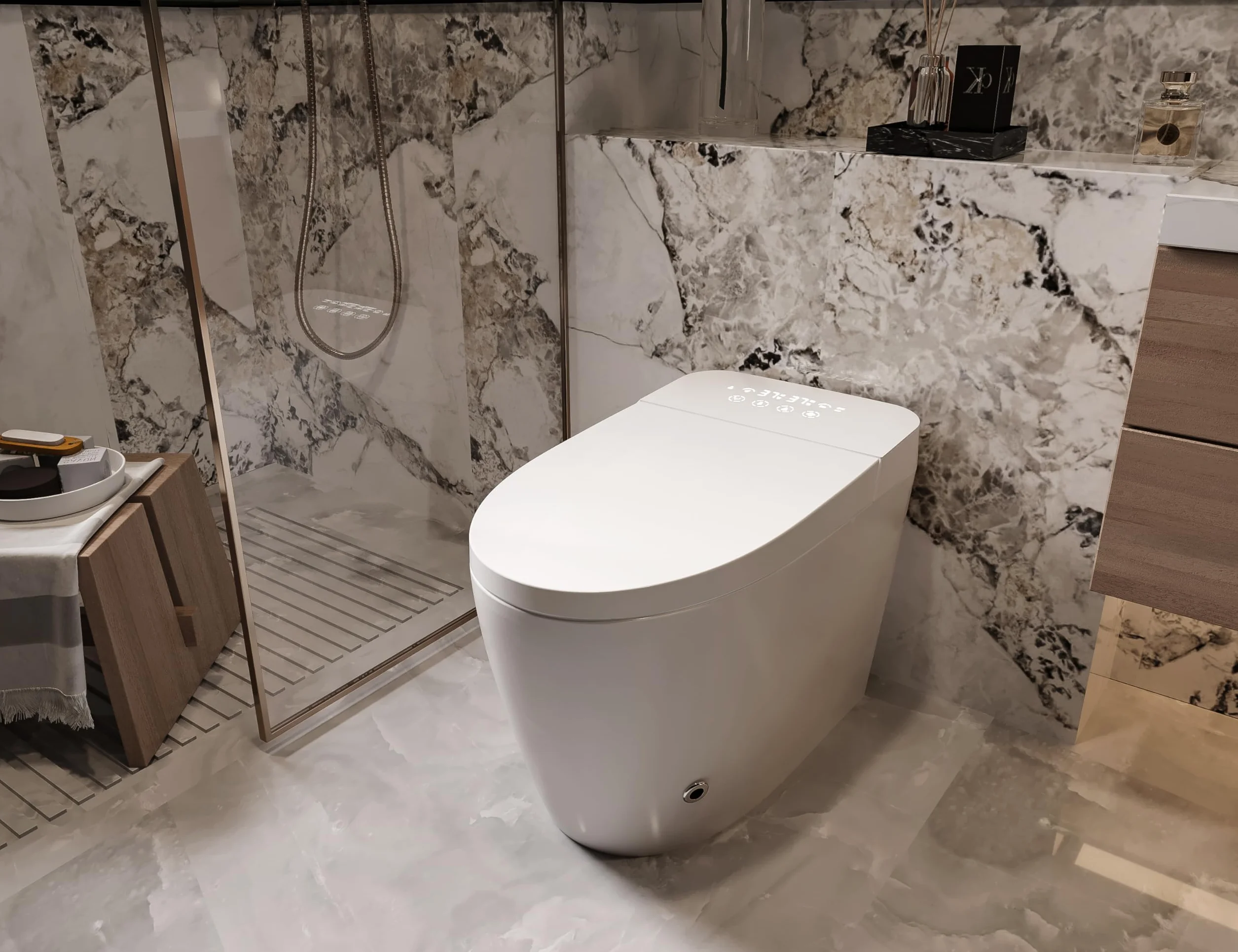 Nashi - Inodoro Japones | WC con Bidet | Agua Caliente, Taza calefactable y Secado | Asiento con Apertura y Cierre Automático | Autolimpieza y Esterilizador UV (Desagüe salida a suelo)