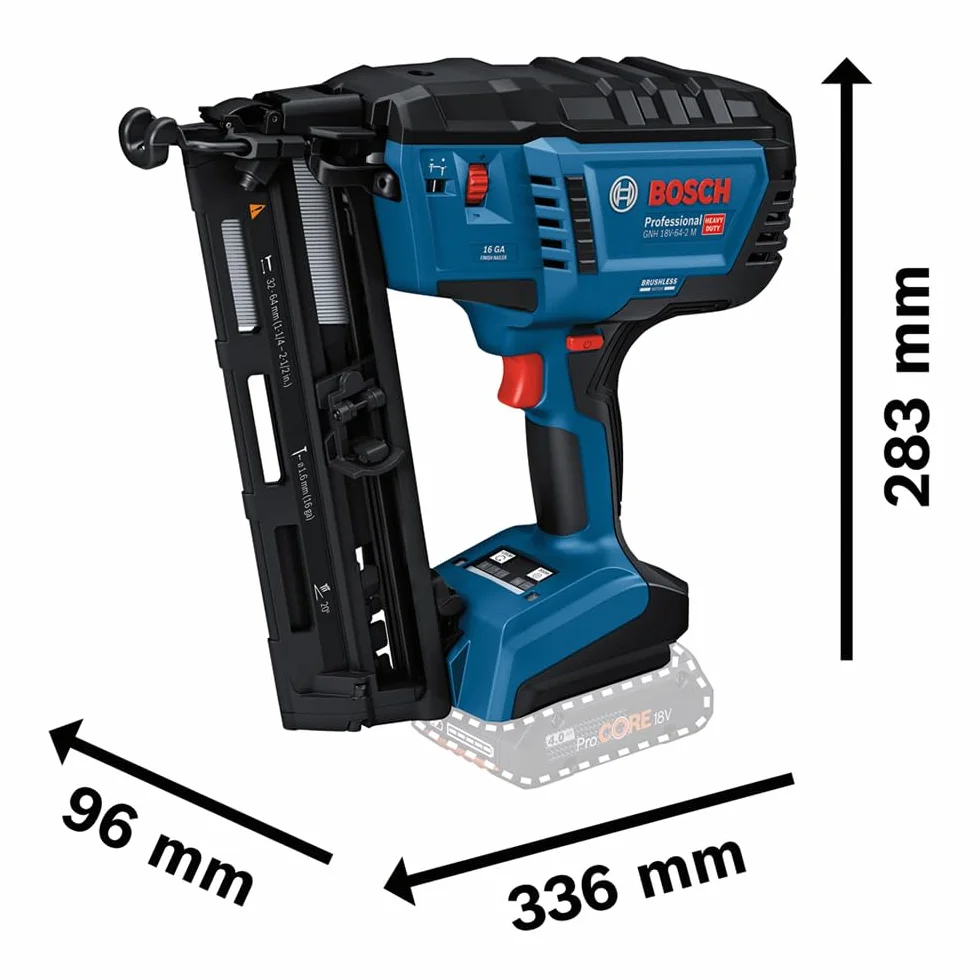 Bosch Professional 18V System clavadora madera batería GNH 18V-64-2 M (modo disparo impacto simple, apto para clavos: 32-64 mm, 1,8 mm y ángulo clavado de 20°, sin baterías ni cargador)