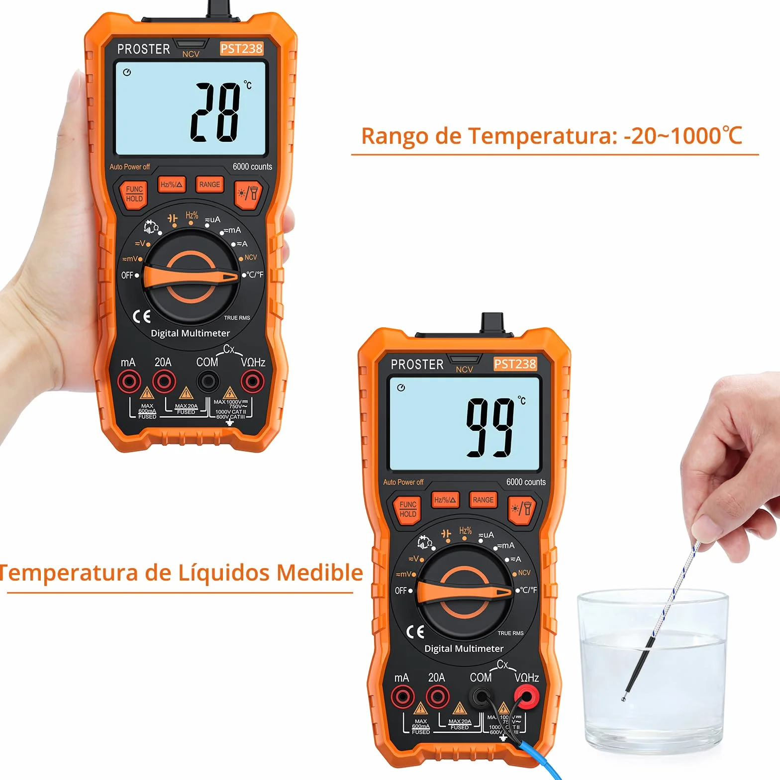 Proster Multímetro Digital 6000 Cuentas NCV TRMS Polímetro Profesional Rango Automático con Pinzas Cocodrilo para Prueba de Voltaje Corriente DC/AC Resistencia Capacitancia Continuidad Temperatura