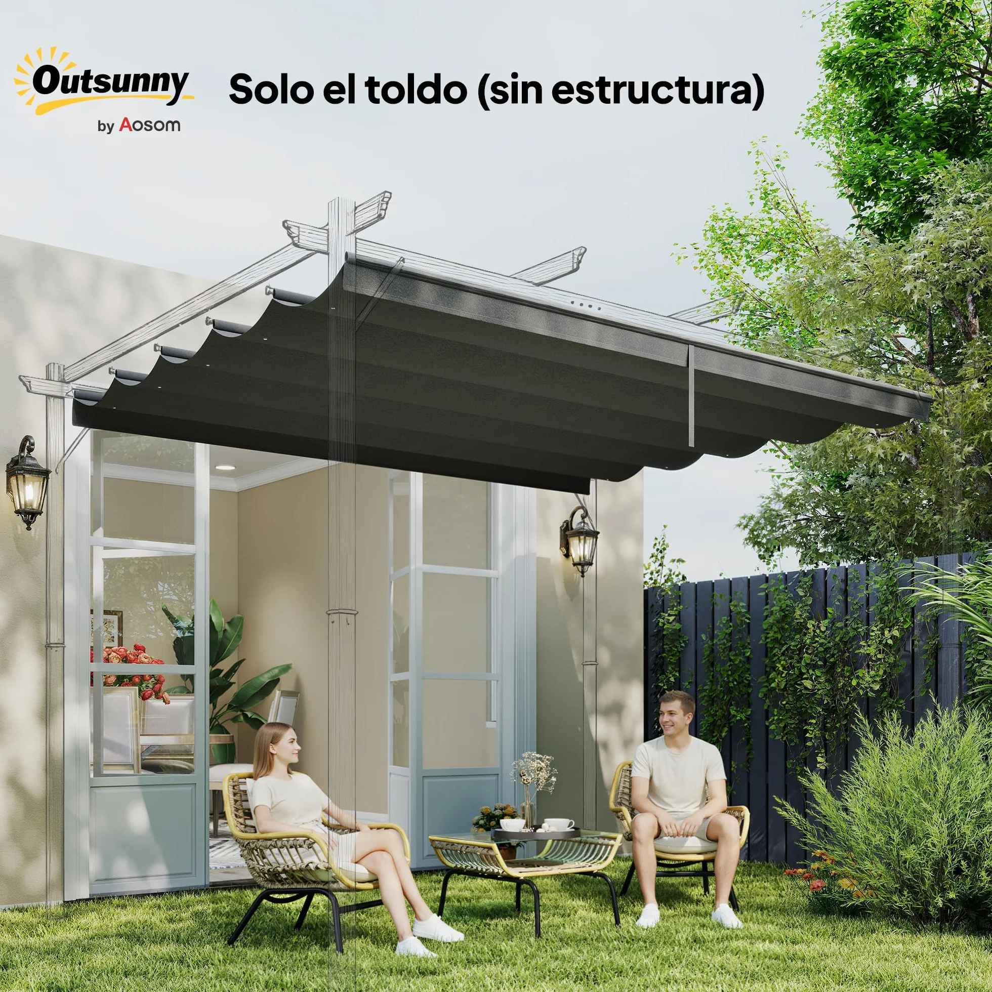 Outsunny Techo de Pérgola 3,5x2,6 m, Techo de Repuesto Retráctil para Marco de Pérgola de 4x3 m, UV30+, Toldo de Tela Solo para Cenador Jardín con 10 Orificios de Drenaje, Gris Oscuro