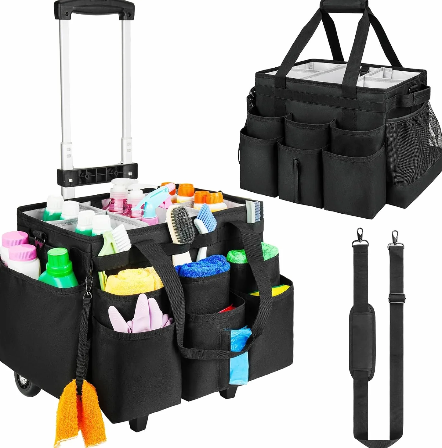 Bolsa de limpieza XL, organizador de suministros de limpieza extra grande con asa para amas de casa, color negro
