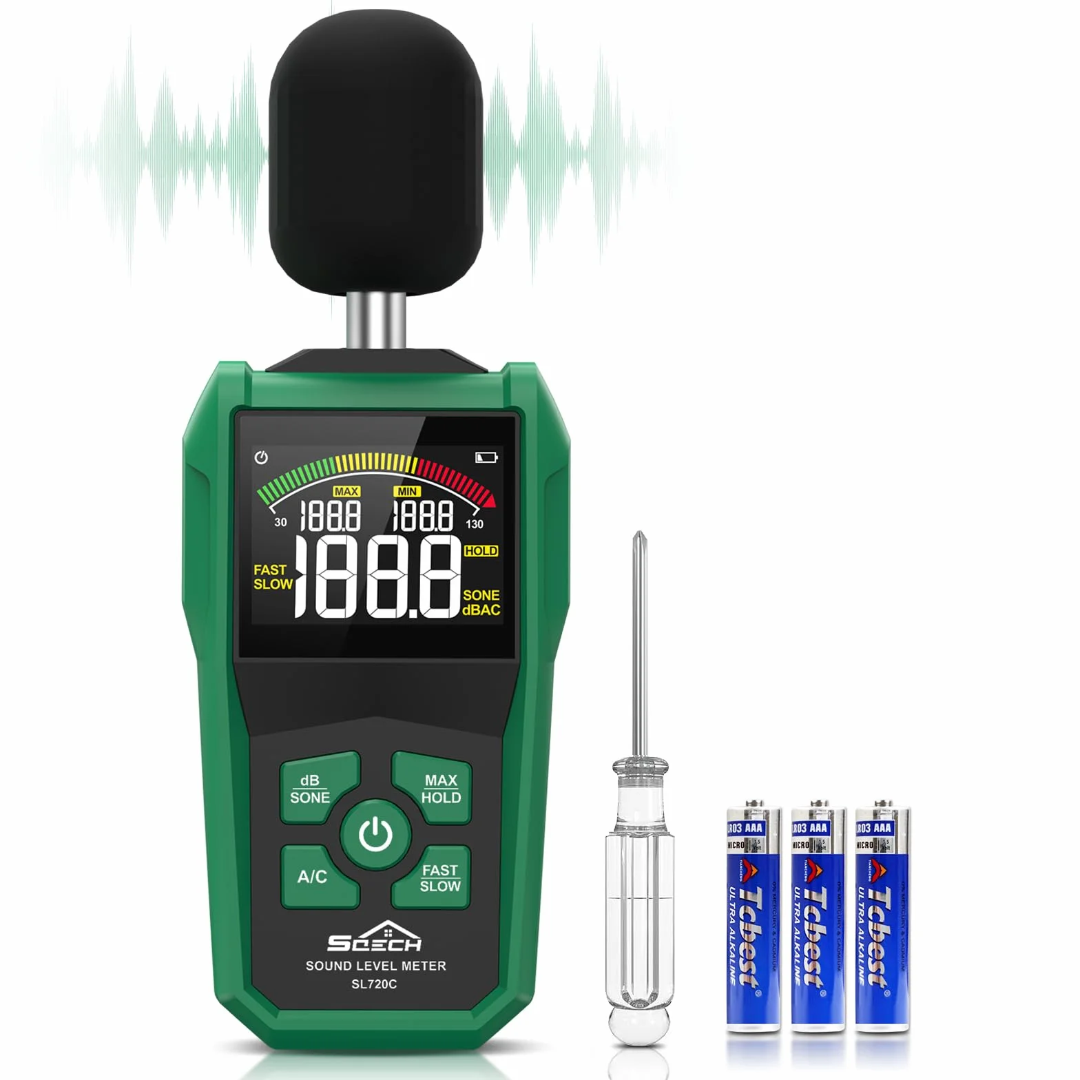 Sonometro, SQECH Medidor Decibelios con Pantalla Retroiluminada a Color,Medidor de Decibelios con Ponderación de A/C,Unidades dB/SONE,Respuesta RÁPIDA/LENTA,Max/Min,Retención de Datos,Rango 30-130dB