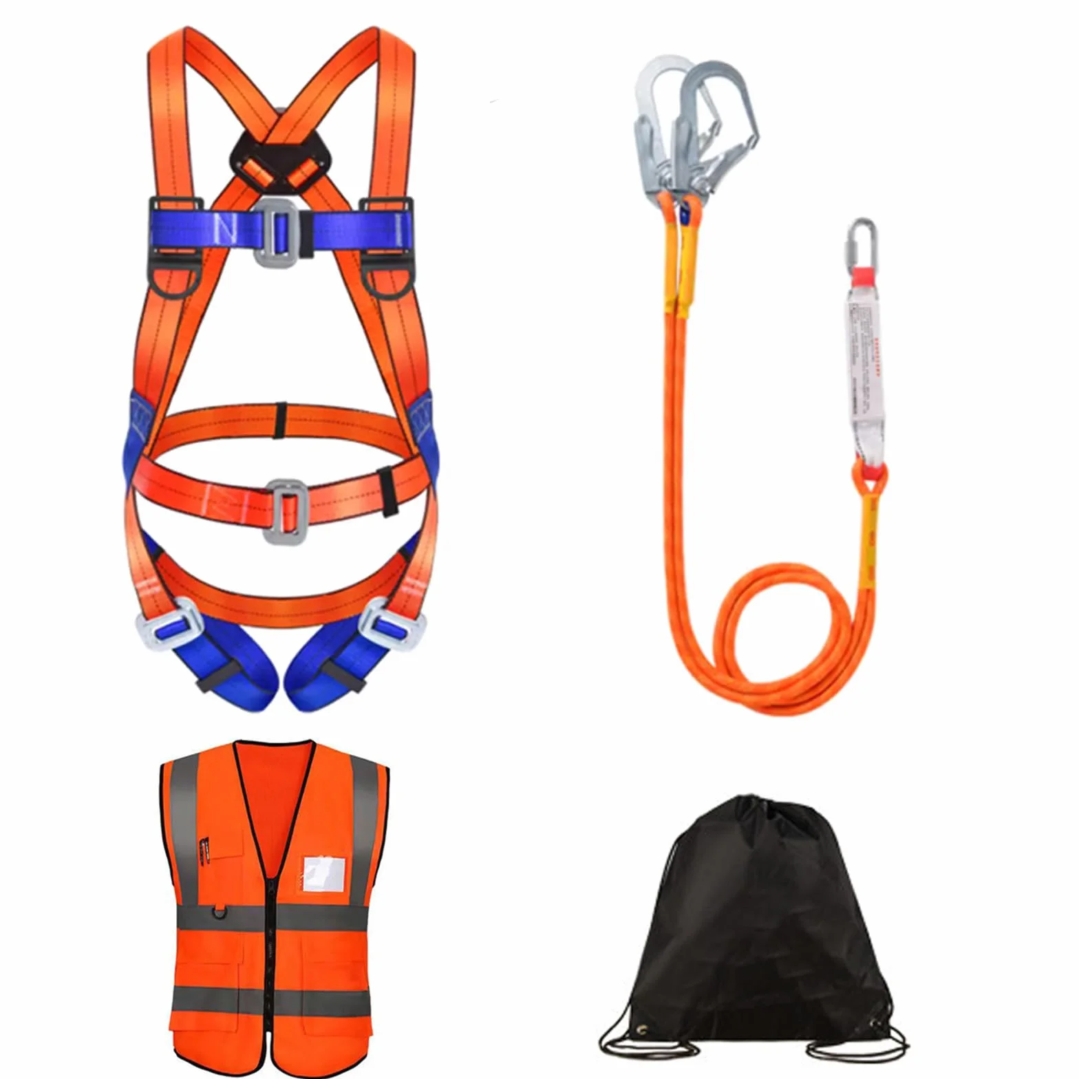 Conjunto Arnés Anticaídas: Arnés de 5 Puntos, 2 Ganchos, 2m de Cuerda de Seguridad, Dispositivo de Captura + Regalo: Chaleco Reflectante y Mochila