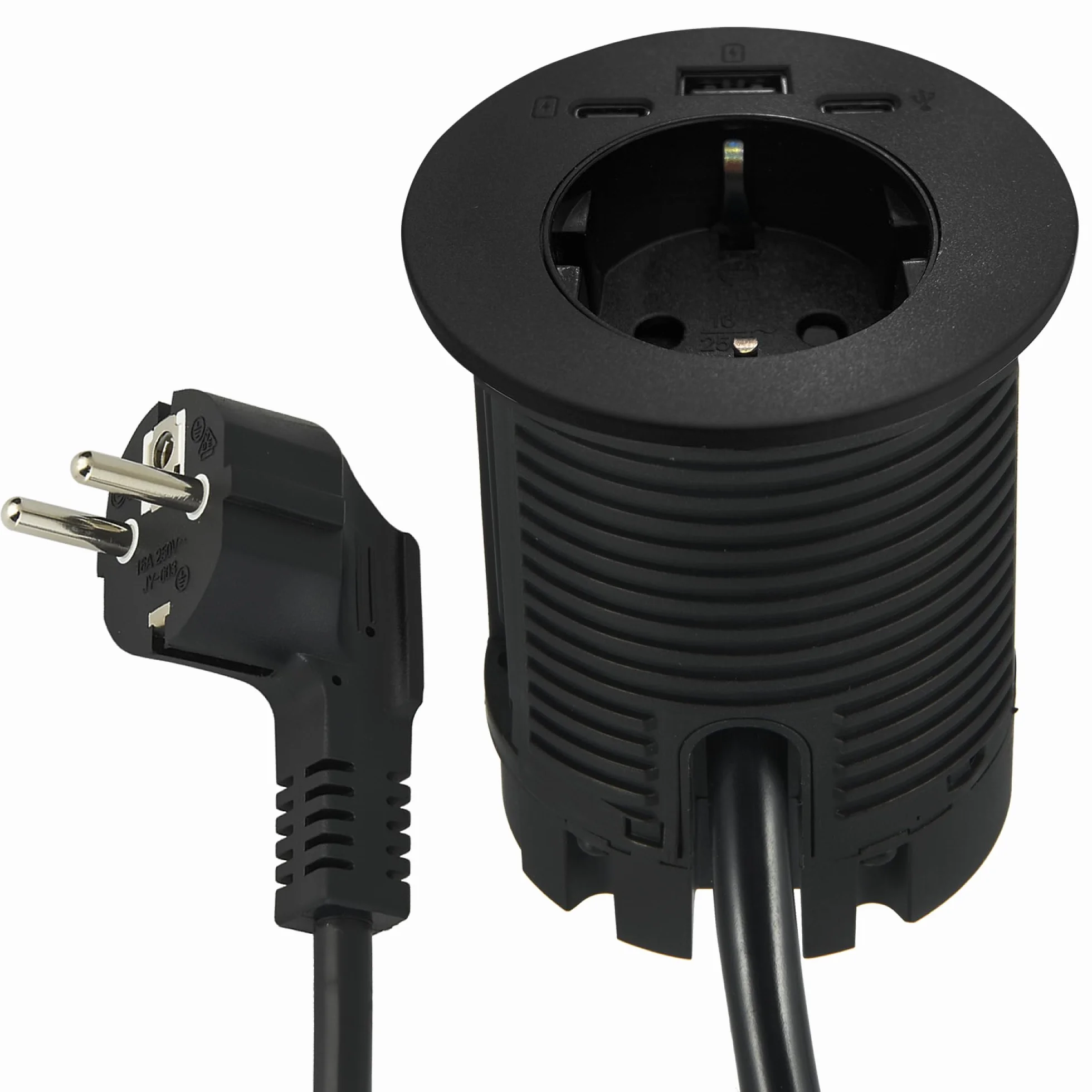 Electraline 62588 Multi-Socket Escritorio/Mesa empotrada arandela con alimentación 25W 3 USB 25W (2 USB Tipo C + 1 USB Tipo A) 2M, D60mm, 1 Toma Schuko + Enchufe Schuko