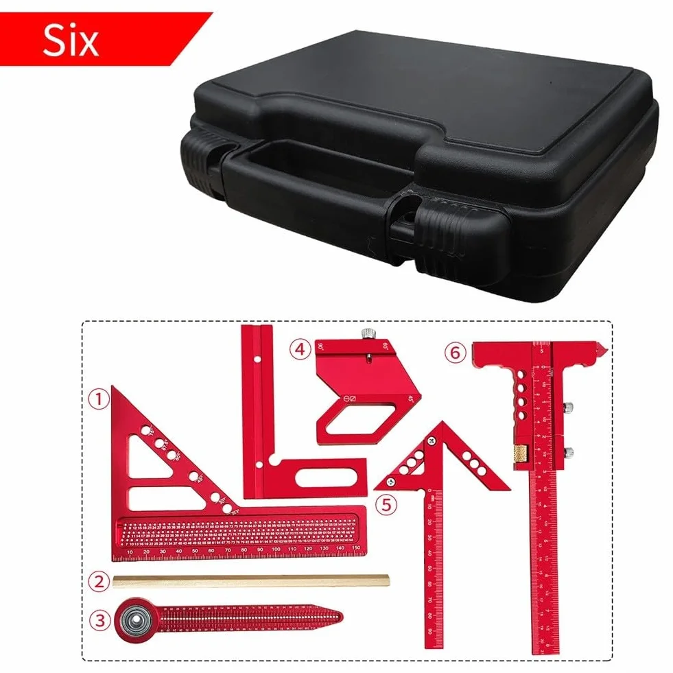 Aleación de aluminio Kit de medición y diseño de carpintería con reglas, calibradores, bloques de marcado y herramientas de afilado (6)