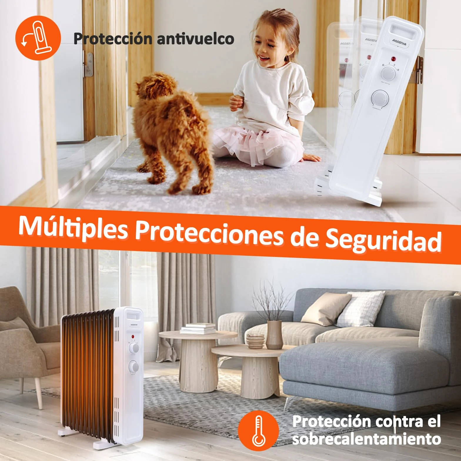 Aigostar Radiador de Aceite de 13 Elementos, 2500 W, Silencioso, 3 Niveles de Potencia, Termostato Ajustable y Función de Apagado Seguro, Protección Antivuelcos, Recomendado para Estancias de 25 m2