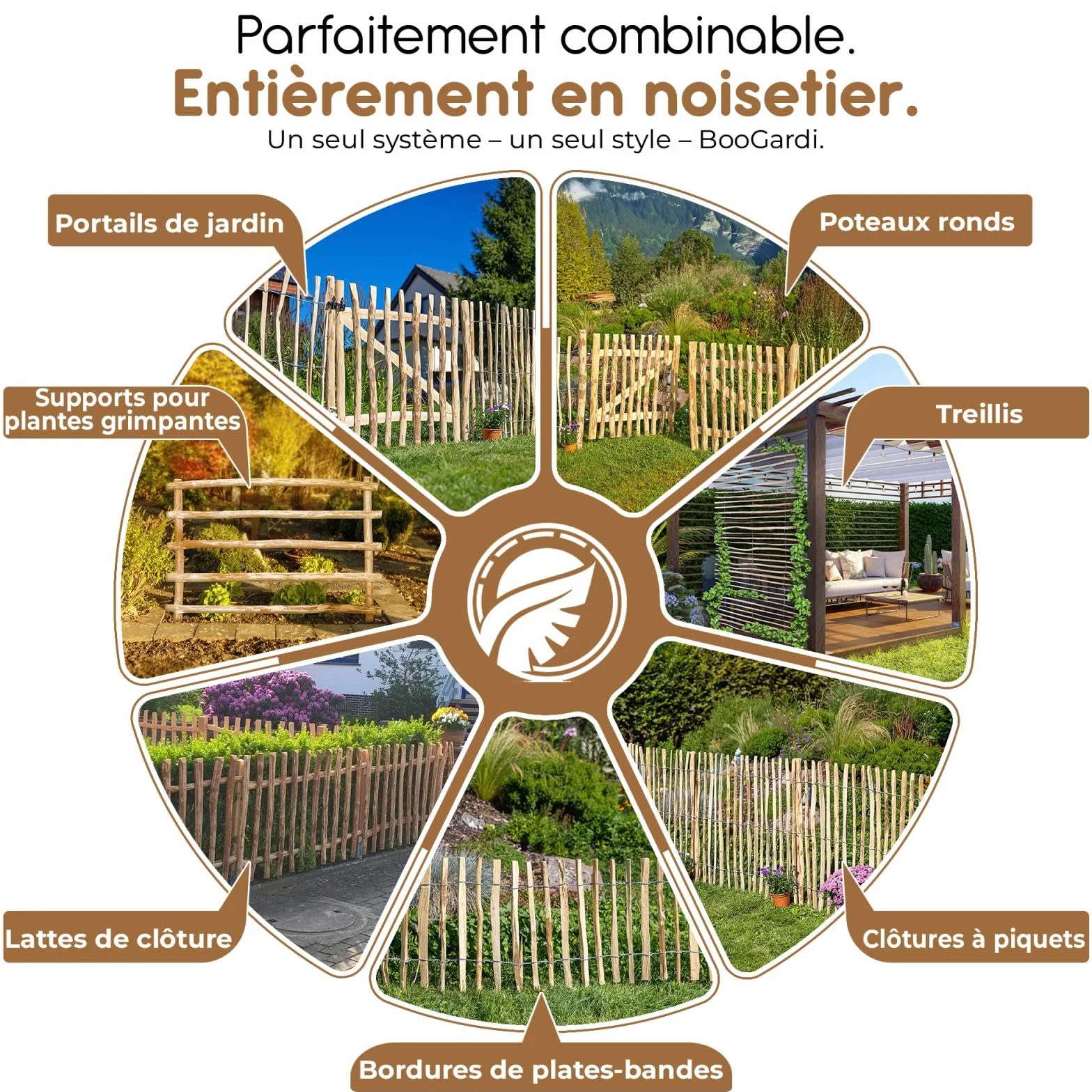 Juego de puerta de jardín avellana 120 tamaños • 80-300 cm de ancho • 80-150 cm de alto • 3-5 o 7-9 cm de distancia entre listones • Ancho 300 cm • Altura 100 cm 3-5 cm