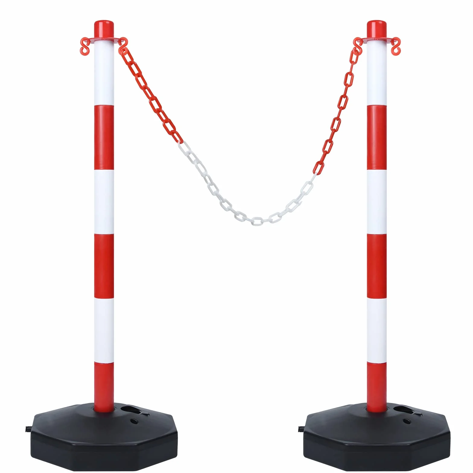 UISEBRT 2 postes de plástico con 2 cadenas de cierre de 140 cm, postes de bloqueo con soporte 82 x 28 x 28 cm, para control de tráfico, advertencia de color rojo y blanco