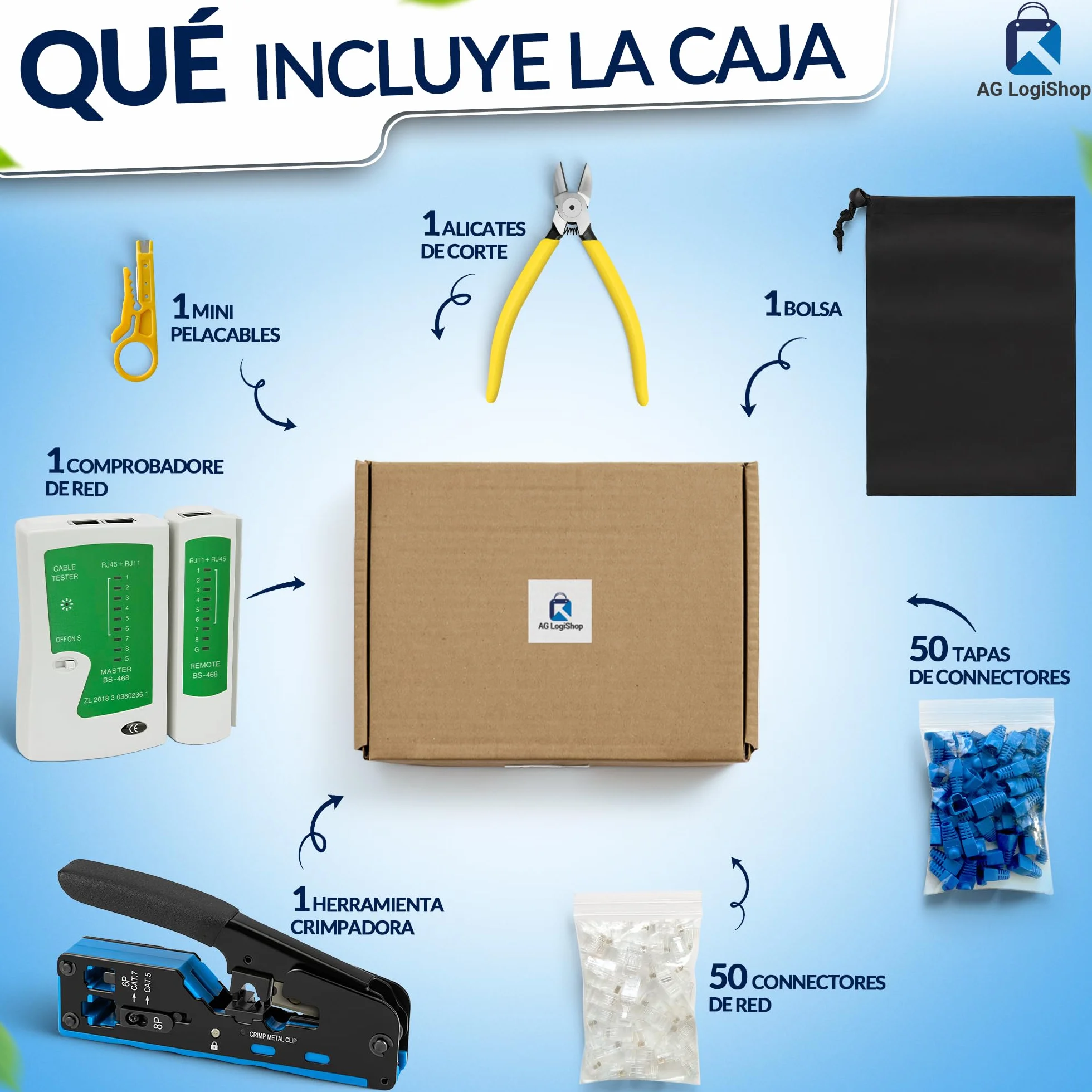 AG LogiShop Kit Herramienta de Crimpado RJ45 + Alicates + Pelacables + Comprobador de Conexión + 50pc Conectores + 50pc Fundas + Bolsa de Almacenamiento | Cat5/5e/6/7 + 6P/8P