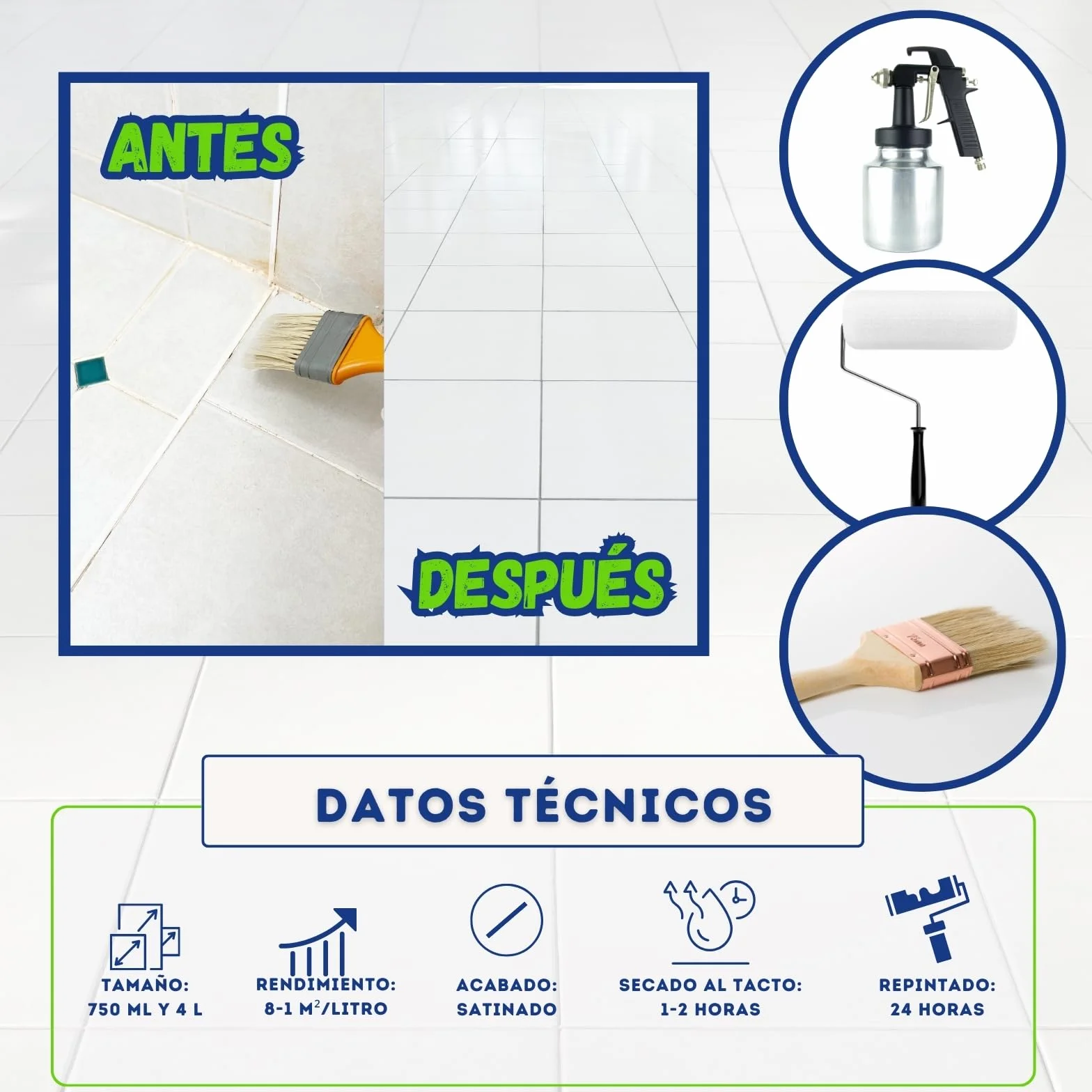 Pintura para suelos Cocina y Baño SATINADO, Mono Componente, Al Agua, Fácil Aplicación (Niebla, 750 ML)