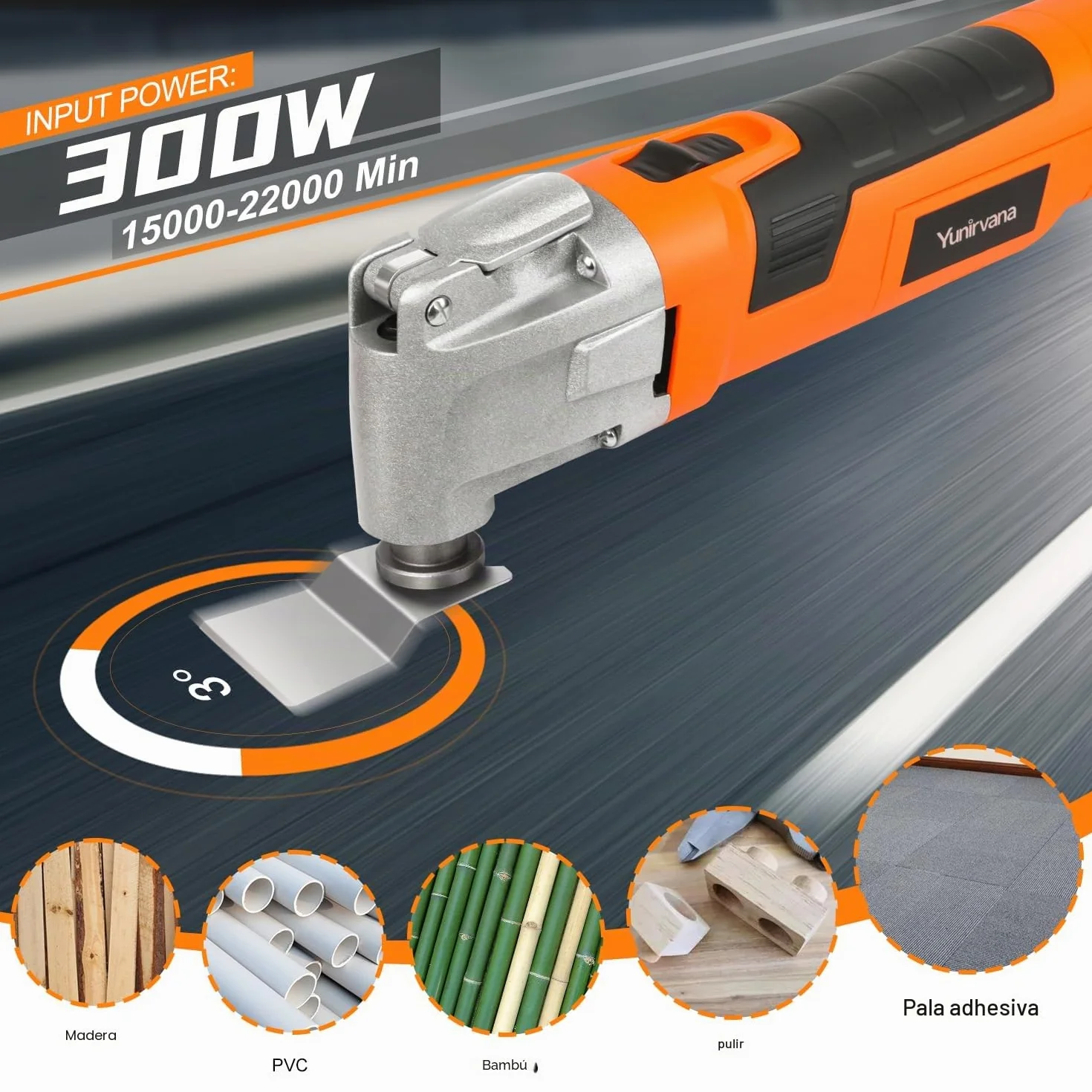 Yunirvana Multiherramienta Oscilante 300W, Herramienta multifunción 15000-22000RPM con ángulo de oscilación de 3°, 6 Velocidades,con 32 Accesorios de accesorios y bolsa de transportepara