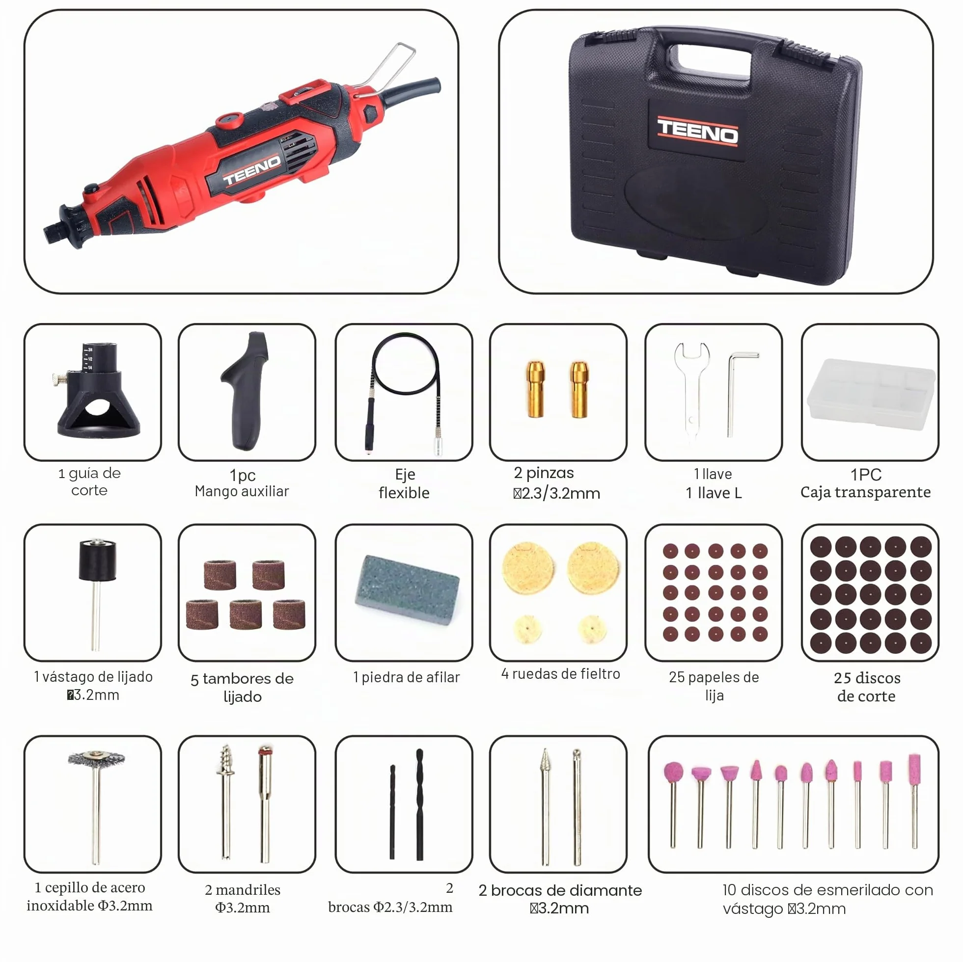 TEENO Multiherramienta 135W, Juego de 1 herramienta y 80 accesorios, Mini amoladora eléctrica 10.000 a 33.000 rpm, Herramienta Rotativa con velocidad variable para grabar, cortar, taladrar