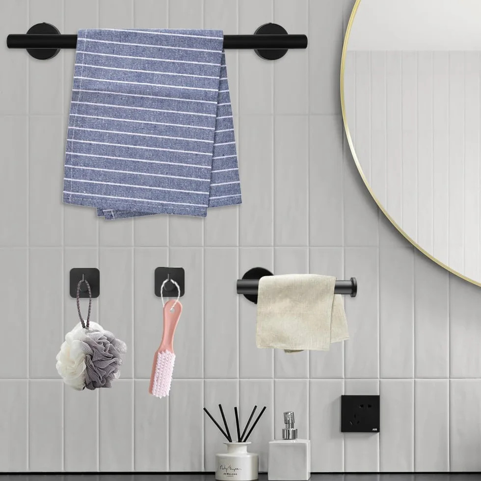 Toallero de Baño, Accesorios baño,Que Incluye 1 toallero, 1 portarrollos y 3 Ganchos. El Conjunto Completo Ofrece soluciones prácticas para el baño (Negro)