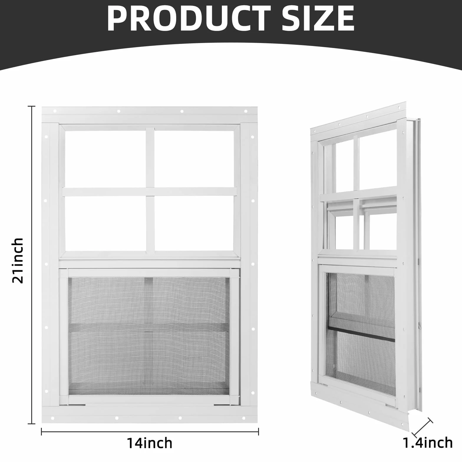 Paquete de 2 ventanas de cobertizo de 14 pulgadas de ancho x 21 pulgadas de alto, ventana blanca con vidrio templado y pantalla de fibra de vidrio, ventanas correderas con deslizador vertical y