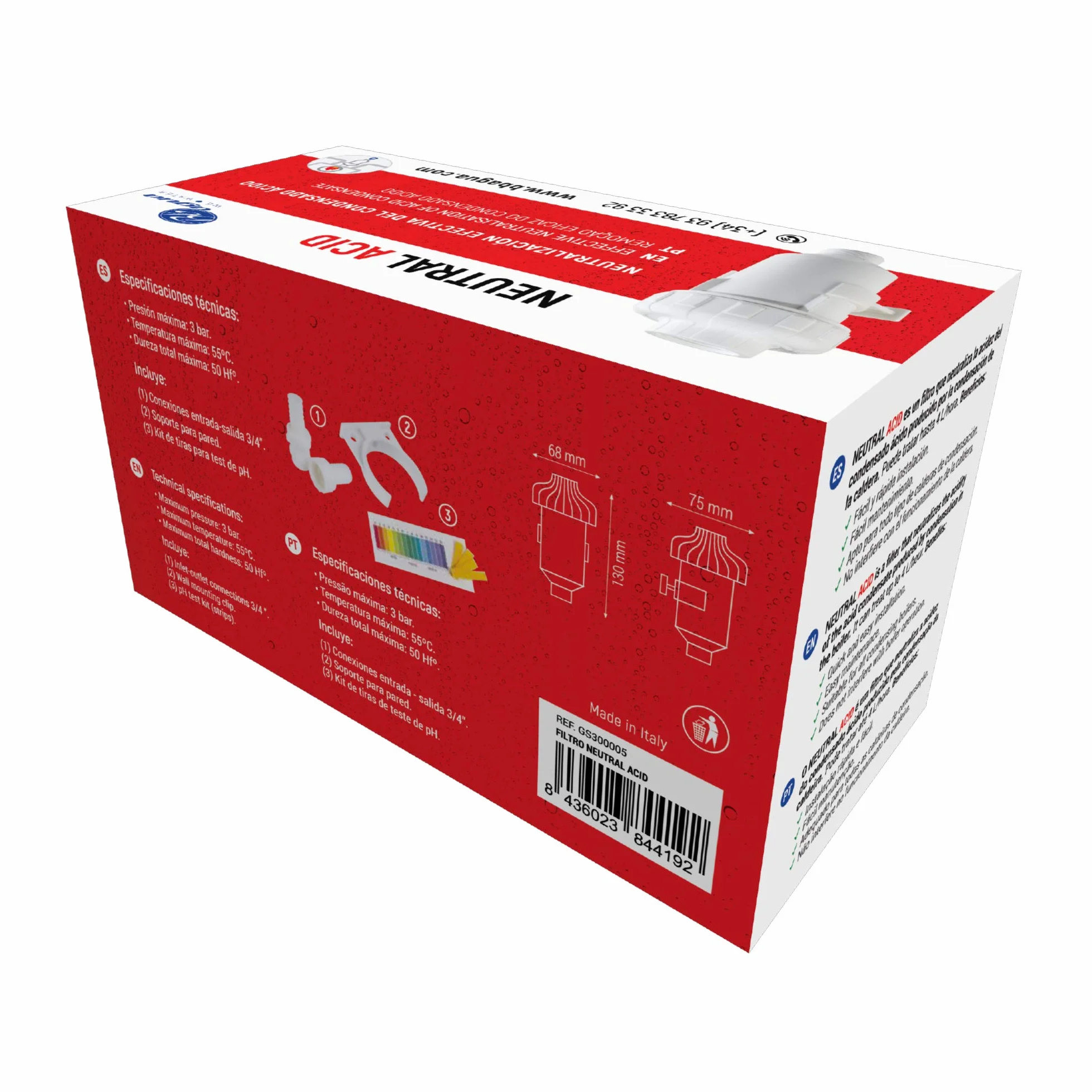 Filtro Neutral Acid. Neutraliza el condensado de ácido producido por la caldera alargando la vida y reduciendo el mantenimiento. Fácil limpieza y mantenimiento. Bbagua.