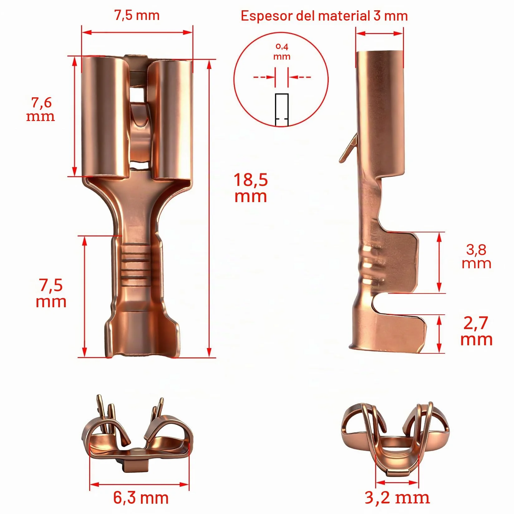 Heschen 100 terminales de crimpado de pala 6,3 mm latón no aislados para cables 1-1,5 mm²