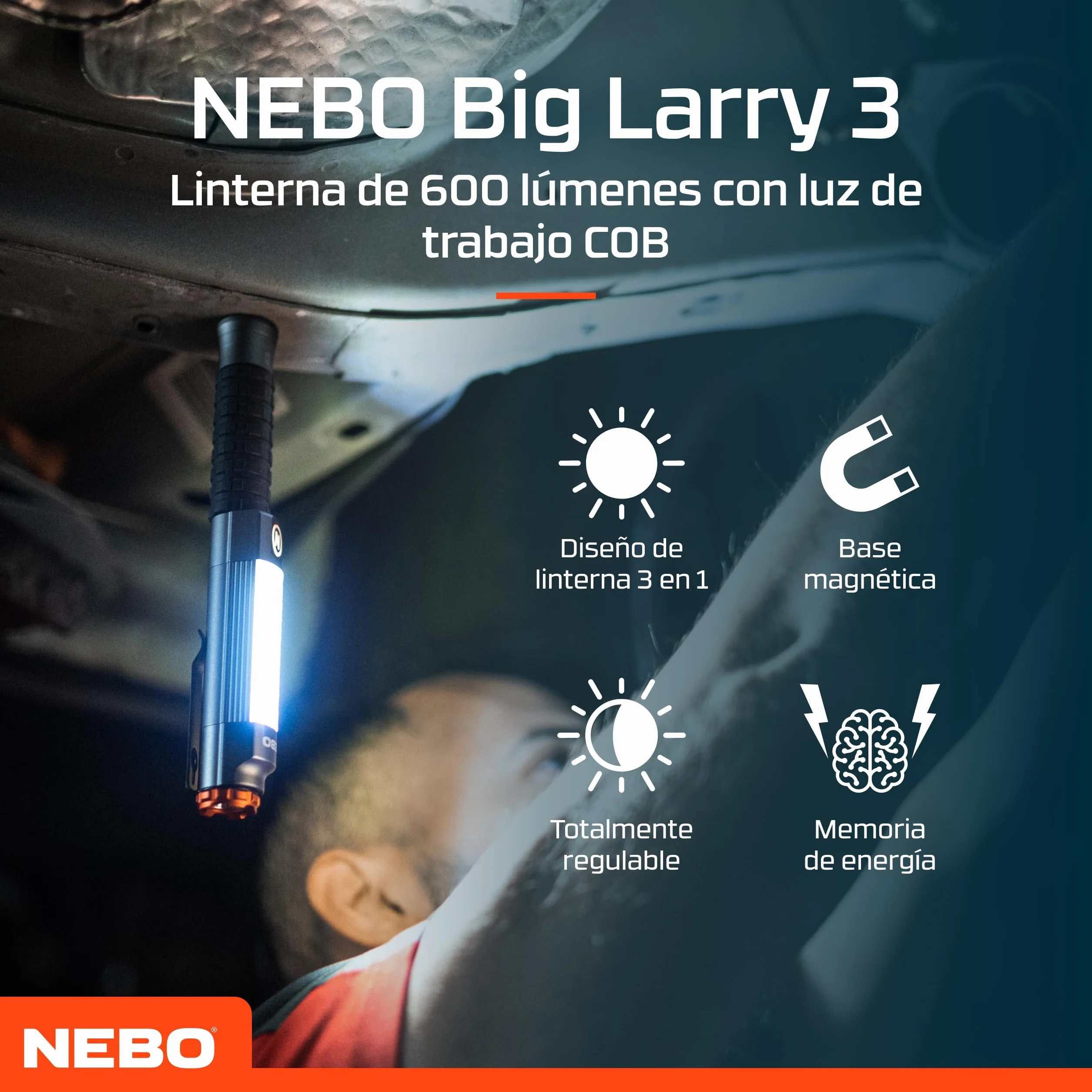 NEBO Big Larry 3 Black Line Luz de Trabajo – 600 Lm COB + 220 Lm Linterna | 7 Modos | Rojo Emergencia | Base Magnética | Clip Acero | Atenuable | Direct-to-Red | IPX4 | 3x AA