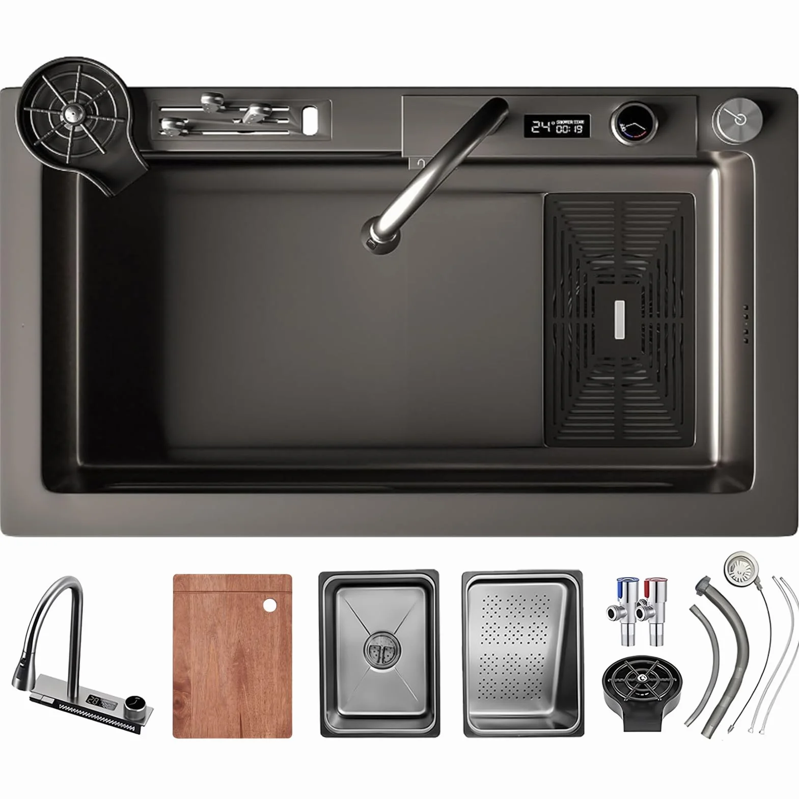 Fregadero de cocina con cascada, 75 x 45 cm, grifo de cascada led, tabla de cortar deslizante y lavaplatos de alta presión, compacto y multifuncional