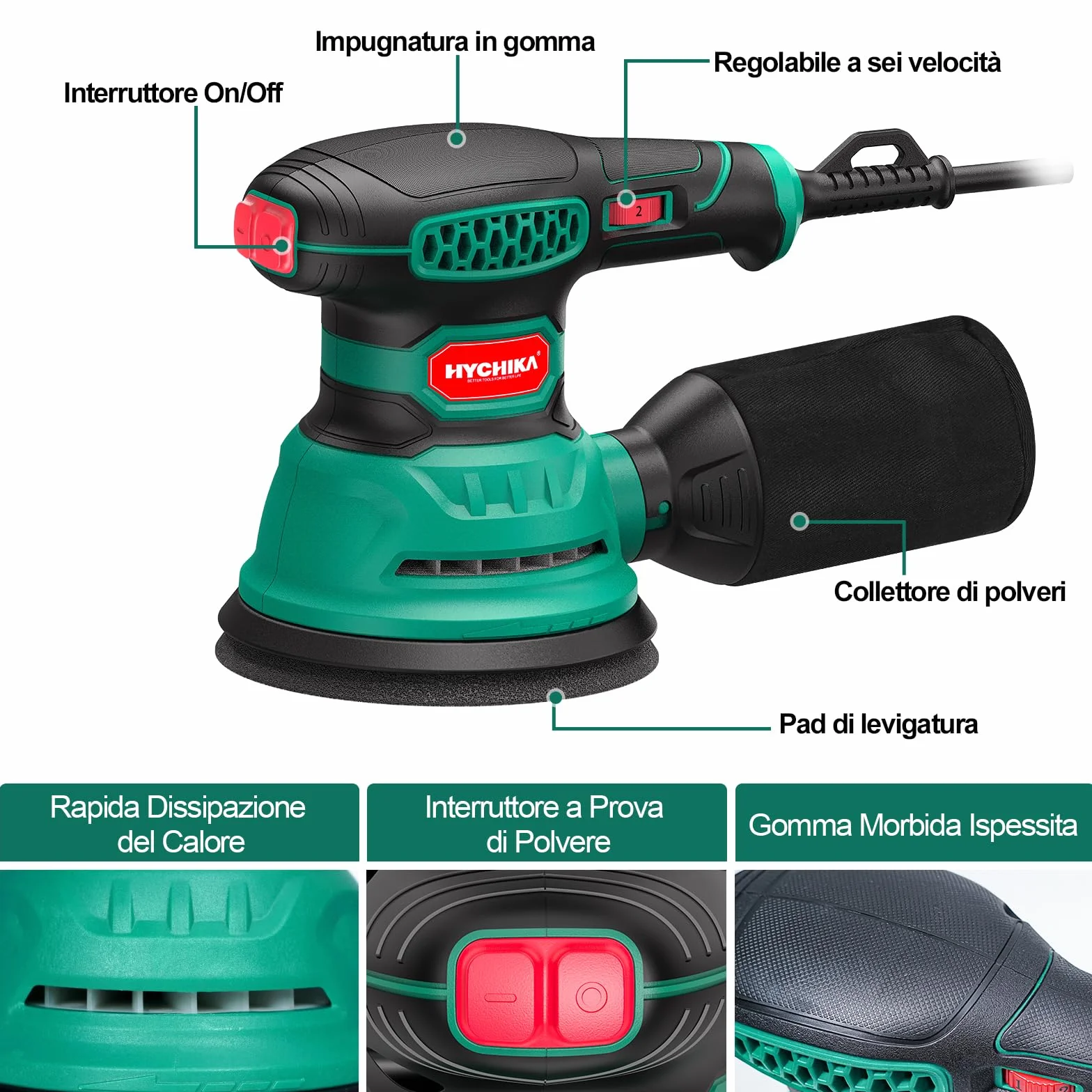 HYCHIKA Lijadora Orbital, 300W 12000OPM Lijadora Madera, 6 Velocidades, con 16 Piezas de Discos de lija 125mm, Con Recogida de Polvo y Efecto de Frenado Rápido, para Lijar y pulir Madera