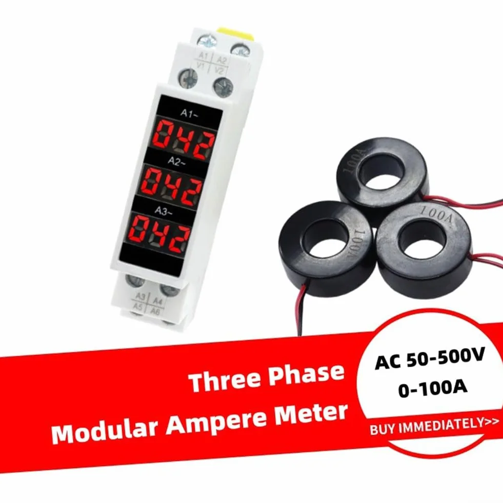 Amperímetro trifásico, pantalla trifásica de 3 dígitos, Mini Din 35mm Rail Pantalla Digital Indicador de medidor de corriente modular trifásico