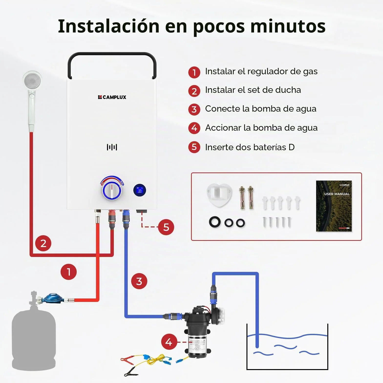 CAMPLUX First 10 L/M Calentador de Agua a Gas con Bomba de Agua & Mango, GPL (50mbar), para Ducha al Aire Libre/Camping/RVs, F10 Pro-DE