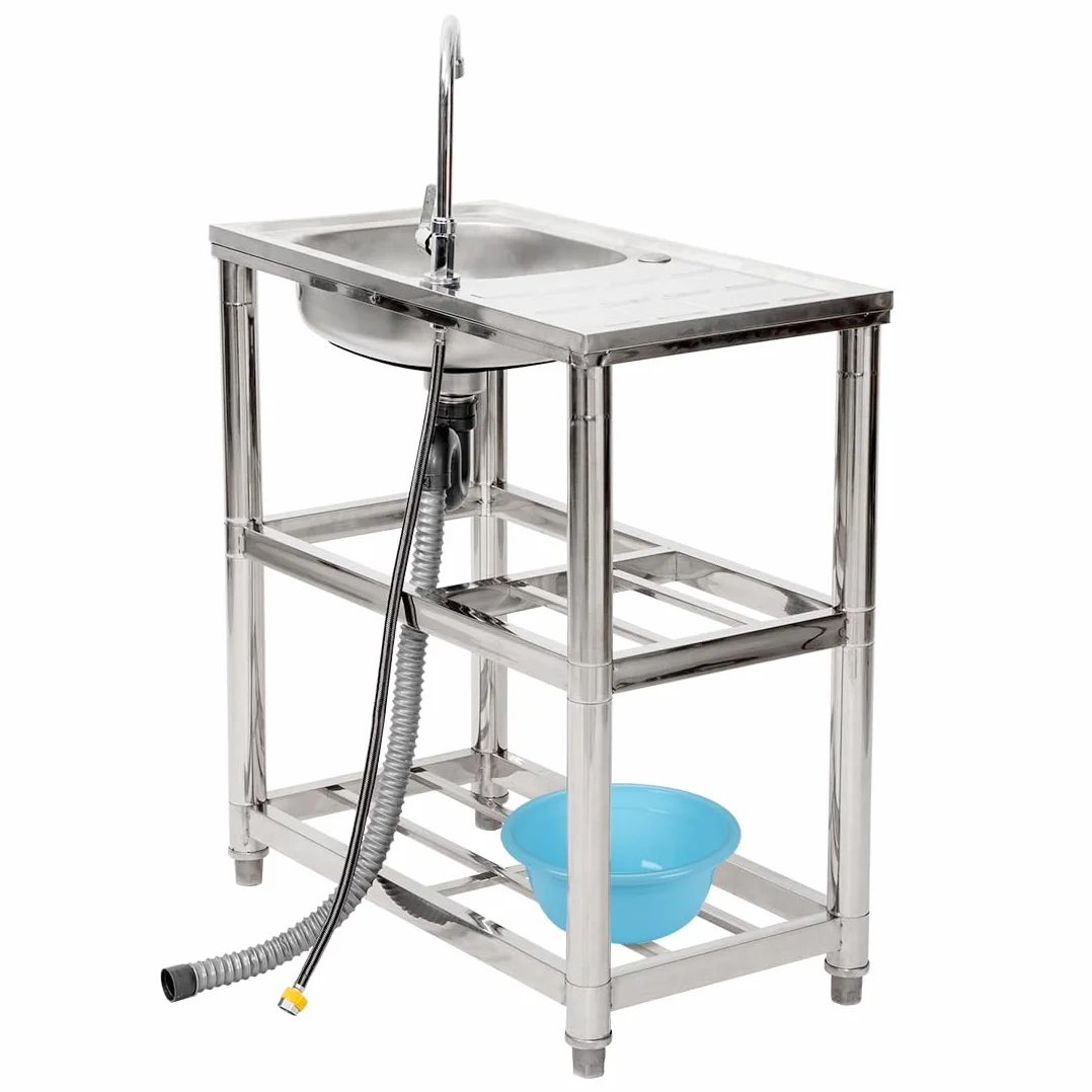 Lavabo independiente de acero inoxidable, lavabo libre con grifo, fregadero de cocina con superficies de apoyo, lavabo multifuncional con tubería de agua, lavabo de uso para lavadero, jardín