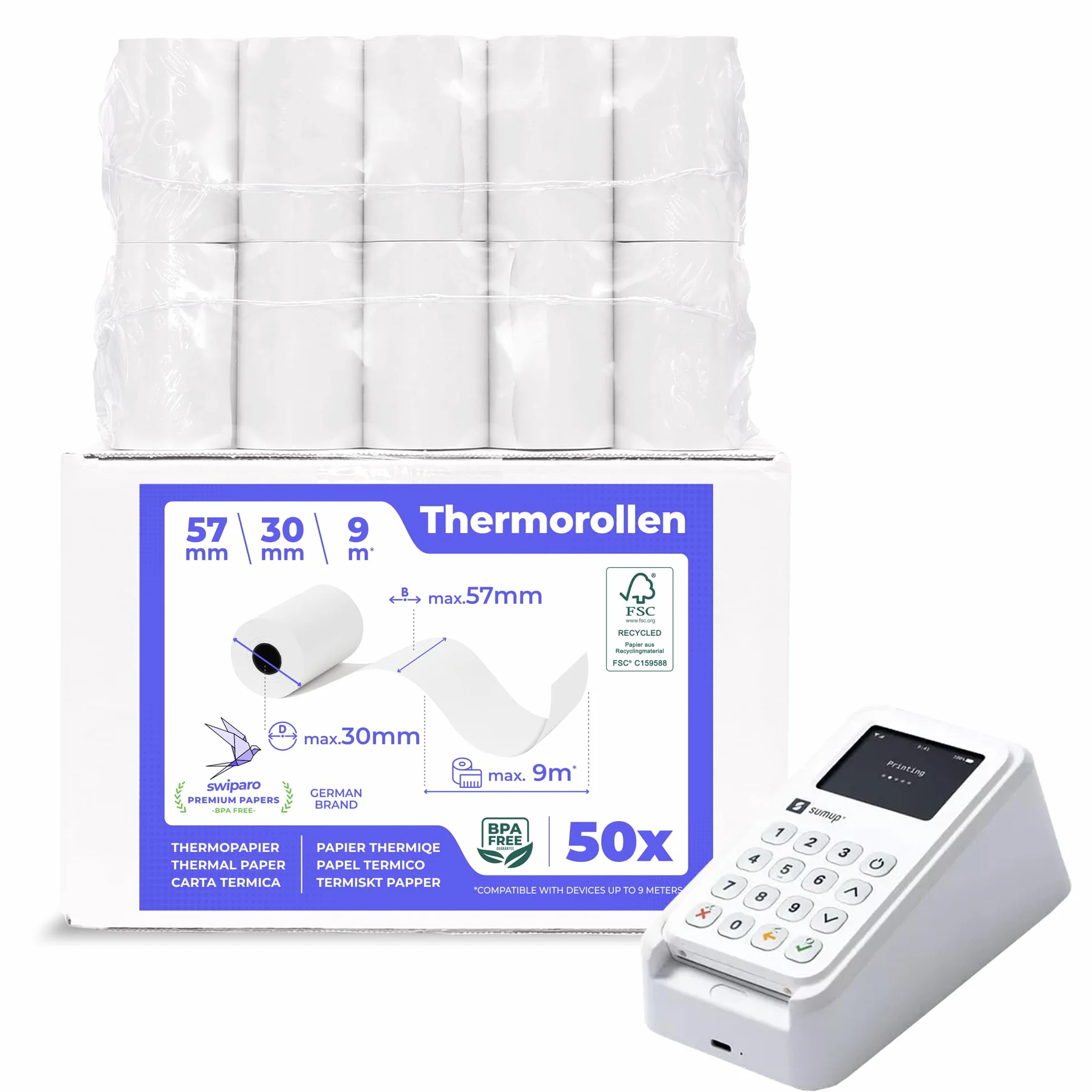 Rollos Papel Datafono Térmico 57x30x12mm para todos los TPV y las impresora térmica - Rollo papel térmico 57mm x 30mm x 9m - Ideal para máquinas de tarjetas de Crédito - Papel TPV [50x]