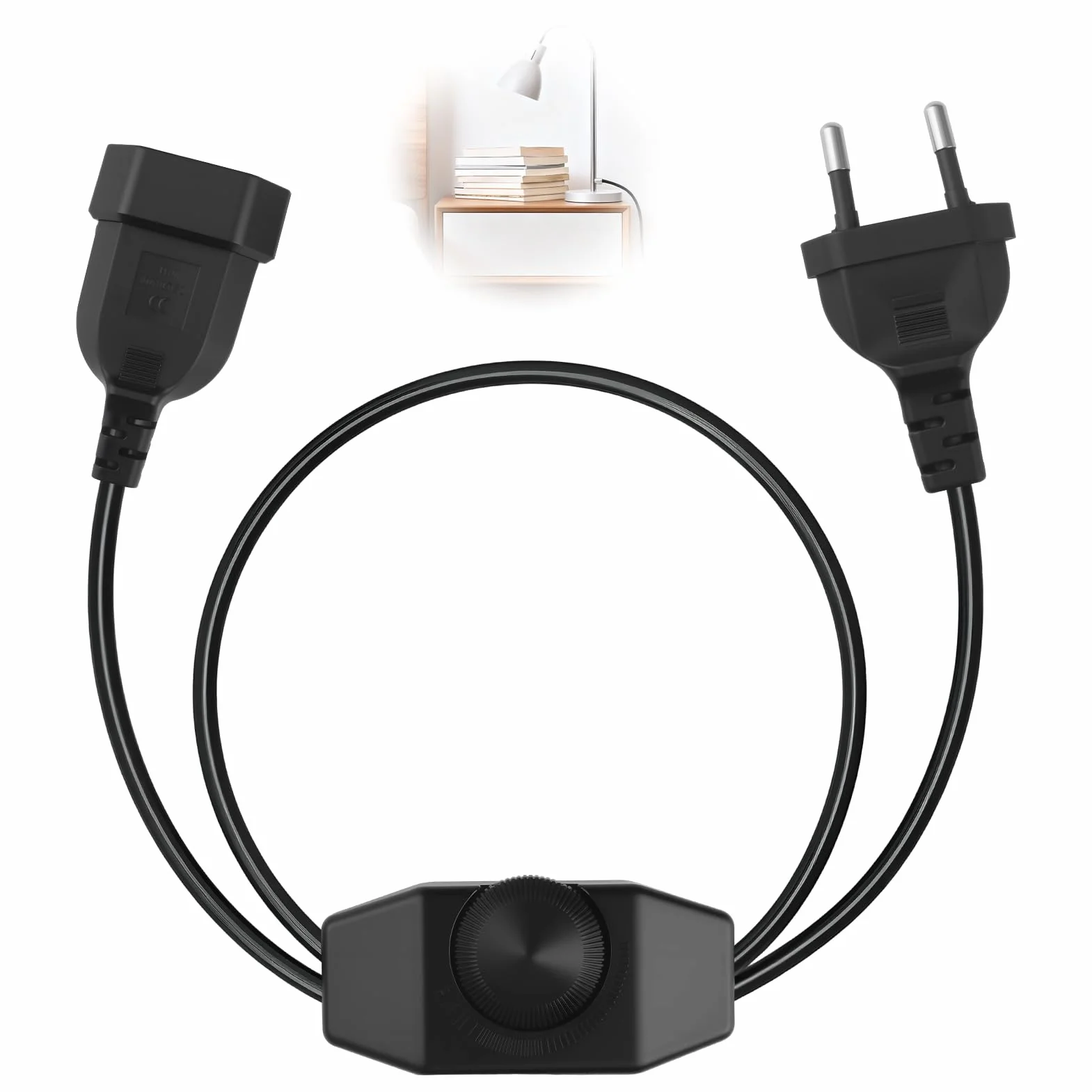 Regulador LED con Interruptor Rotativo, Cable 1M Negro 220-250V 100W Máx, Dimmer Silencioso con Enchufe Europeo para Lámparas y Bombillas LED Regulables, Extensión de Cable Ajustable