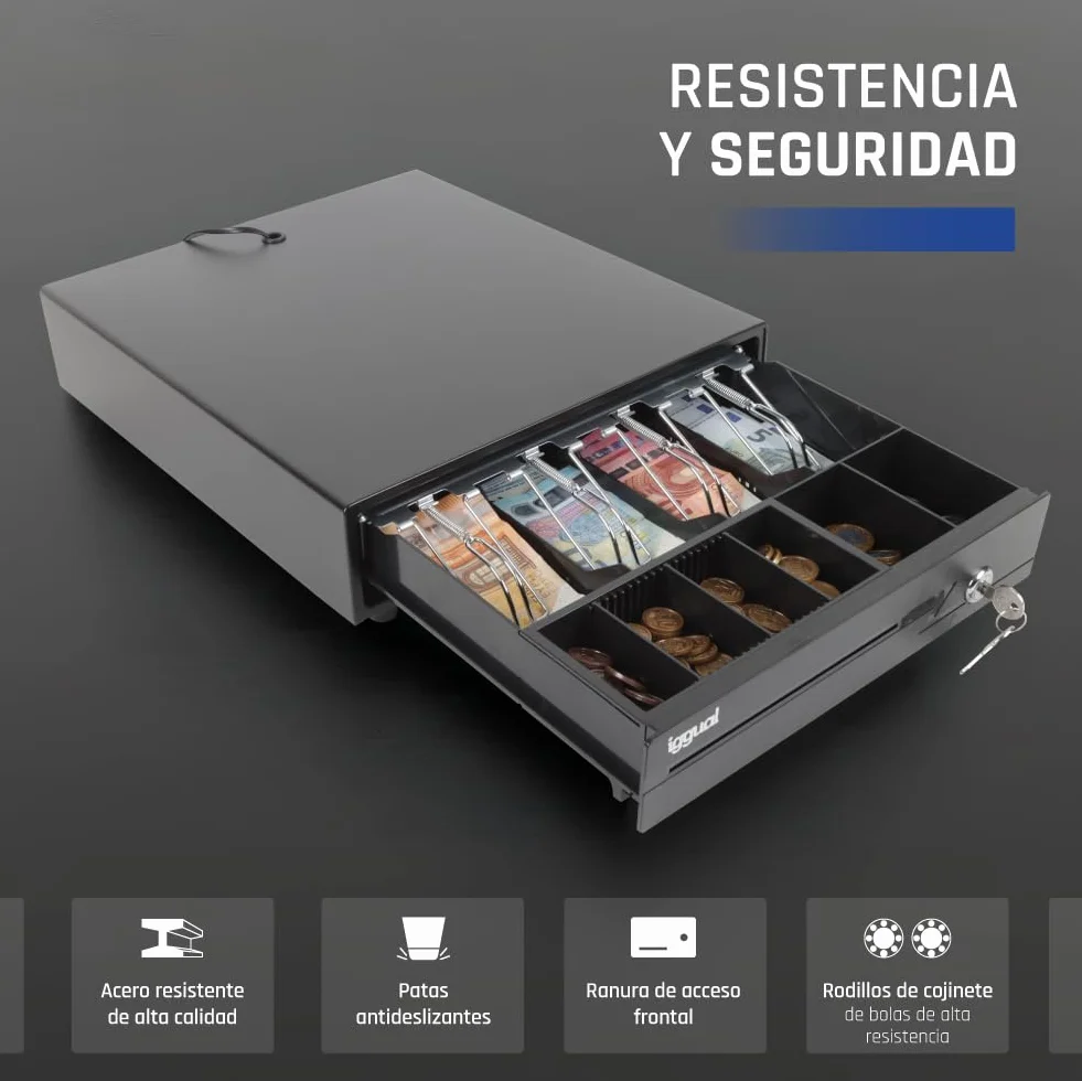 Cajón Portamonedas IRON-10 Caja Efectivo Registradora Manual Automática 4 Billetes 6 Monedas Cerradura 3 Posiciones Acero Plástico Negro 38x33.5x8
