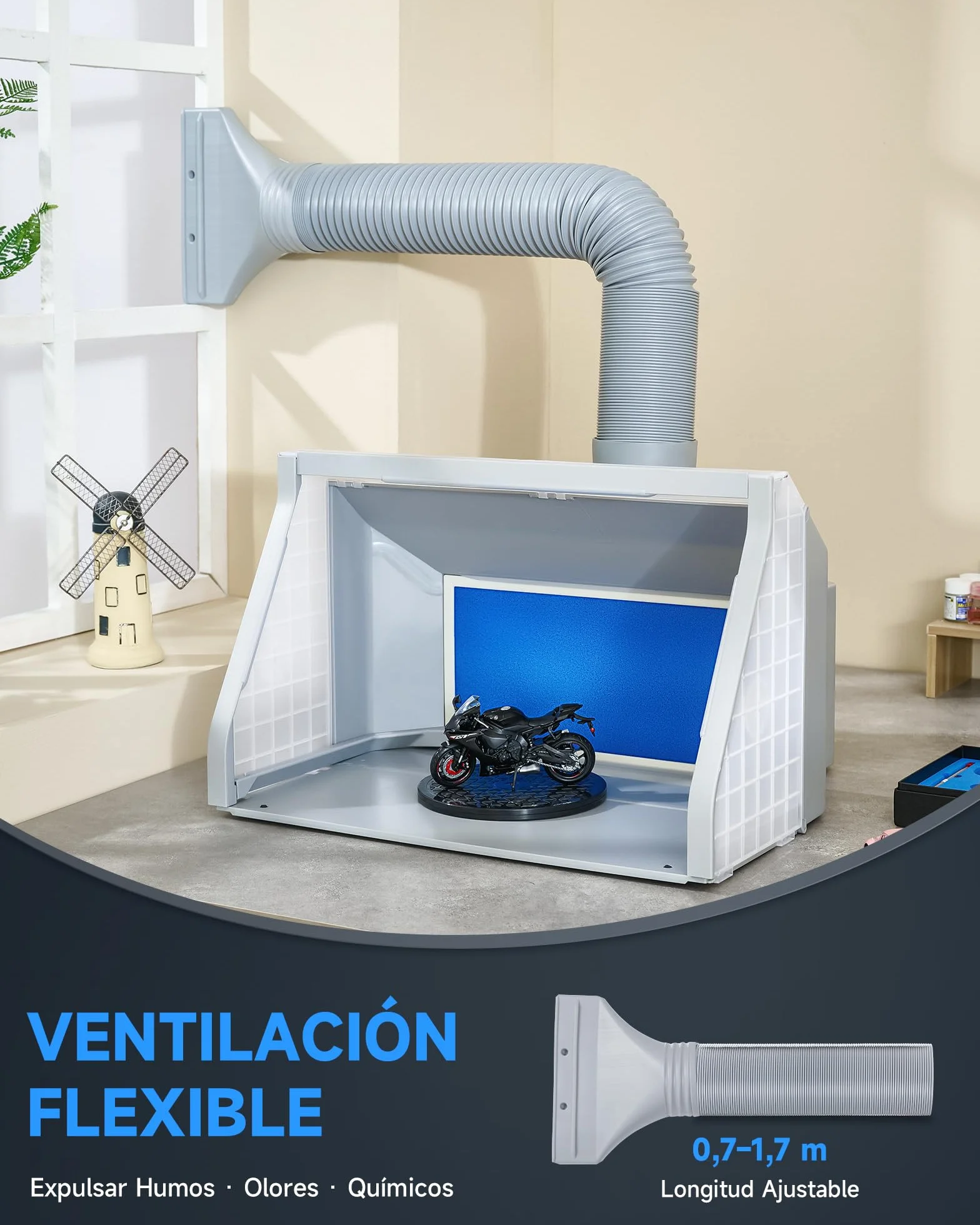 VONLUCE Cabina de Pintura Plegable con Aerógrafo Profesional, Ventilación Ajustable 4m³/min, 3 Luces LED, Plato Giratorio 19 cm Manguera 1,4 m para Modelos y DIY