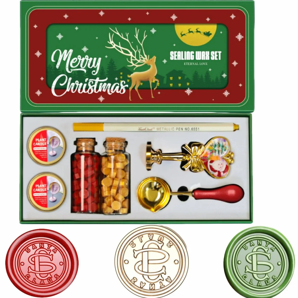 Atopbb Kit de sellos de cera navideños con caja de regalo, Santa Claus Polo Norte, 2 botellas de perlas de cera