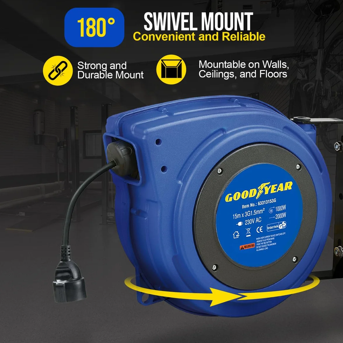 Goodyear Carrete de cable eléctrico automático Carrete de cable Carrete de cable de alto rendimiento 3G1,5mm² x 15 m con soporte giratorio Enrollado 1000W Desenrollado 2000W