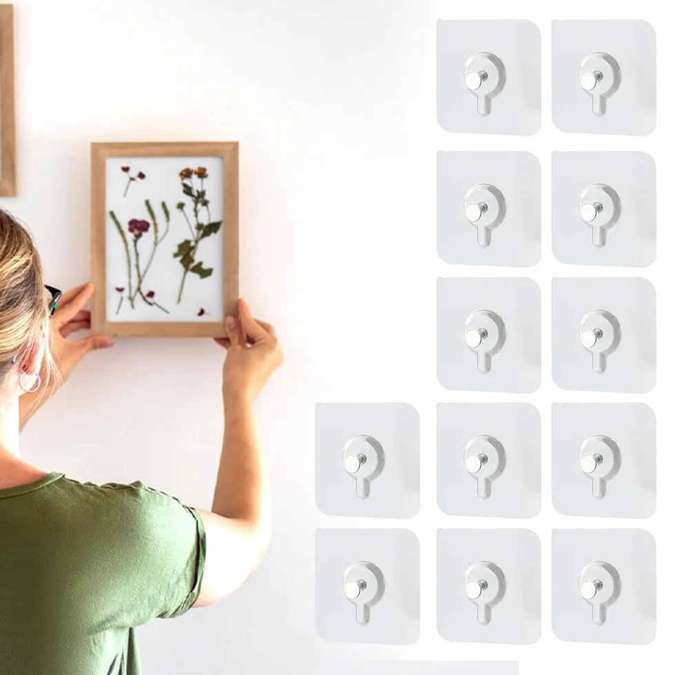 Kruggo Ganchos adhesivos sin taladro, ganchos de pared para colgar fotos, sin clavos, ganchos de pared adhesivos para cocina, baño, hogar (12 unidades, 2.36 x 2.36 pulgadas)