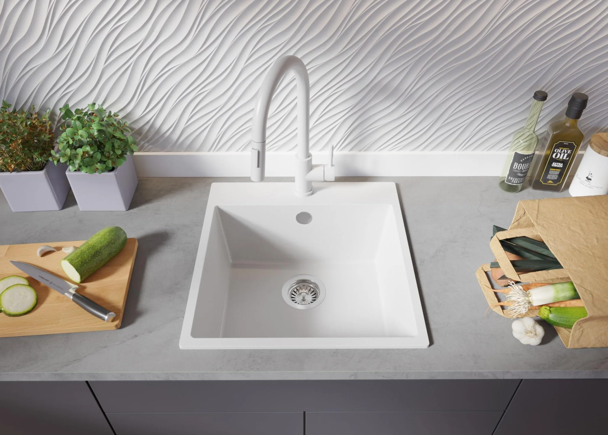 PRIMAGRAN Fregadero Granito Blanco 48x50cm, Cocina 1 Seno + Grifo 32x20cm + Sifón, Sobre Encimera al Mueble 50cm - Riga S227