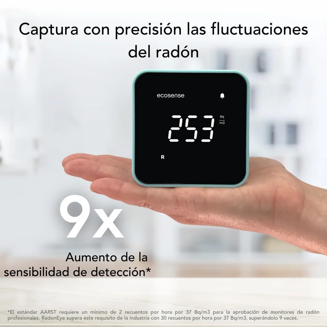 Ecosense EB100 EcoBlu, Detector de radón doméstico, captura y visualización de resultados cada 10 minutos, monitoreo continuo a corto y largo plazo, fácil de usar