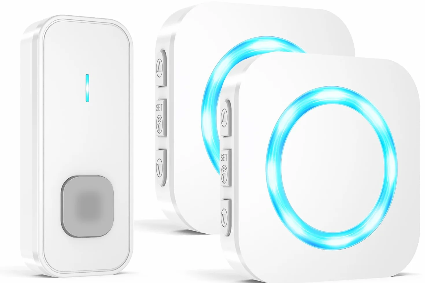 AIMAX Timbre Inalámbrico con 1 Emisor y 2 Receptores, Alcance de 400 m, IP55 Impermeable, 5 Niveles de Volumen / 55 Melodías, Apto para Interior y Exterior, Blanco