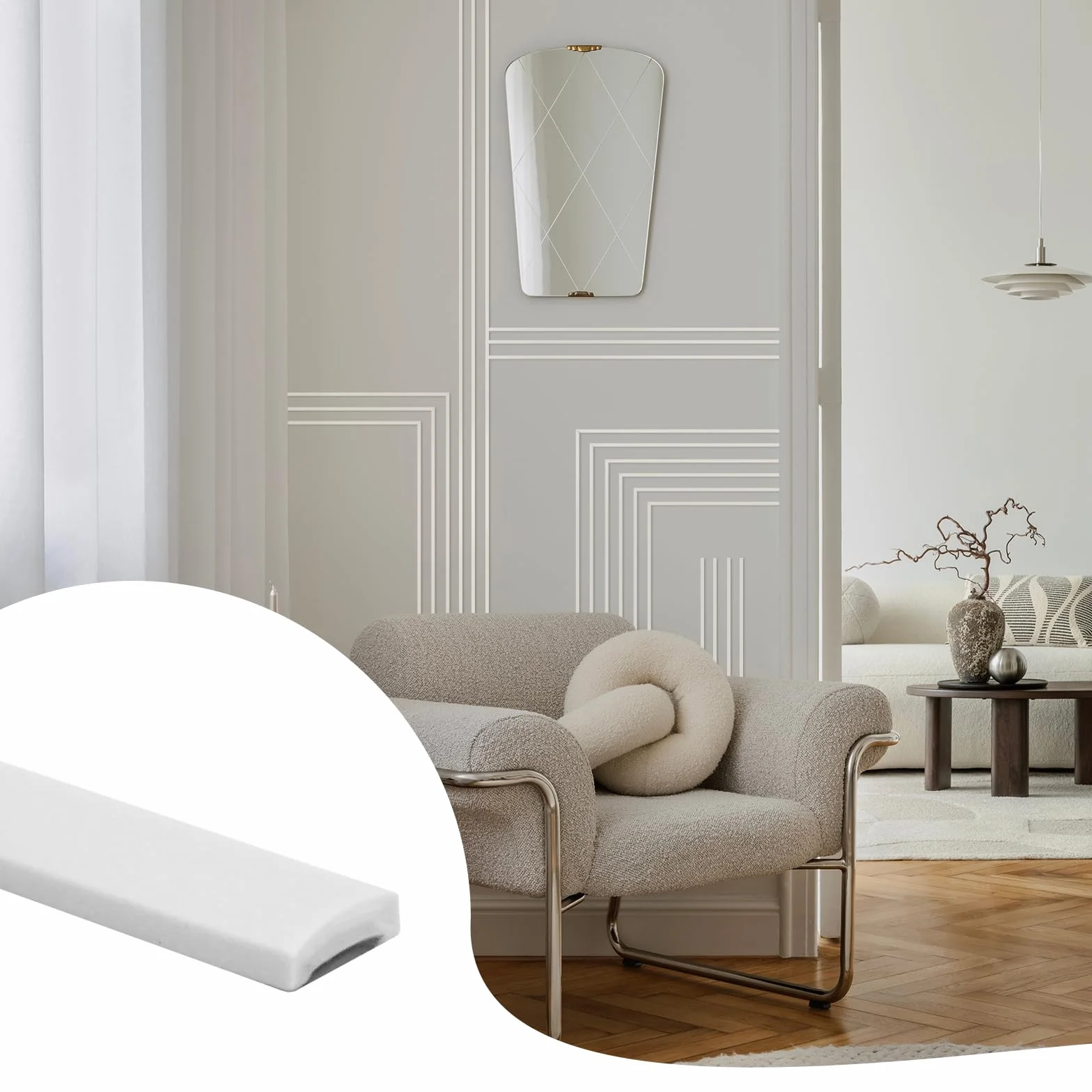 8M Moldura de Pared Autoadhesiva, Blanco Moldura Decorativa Flexible e Impermeable para Paredes, Techos, Marcos, Azulejos y Bordes, Moldura Adhesiva de PVC para Interiores (A:1 cm, G:0,25 cm)
