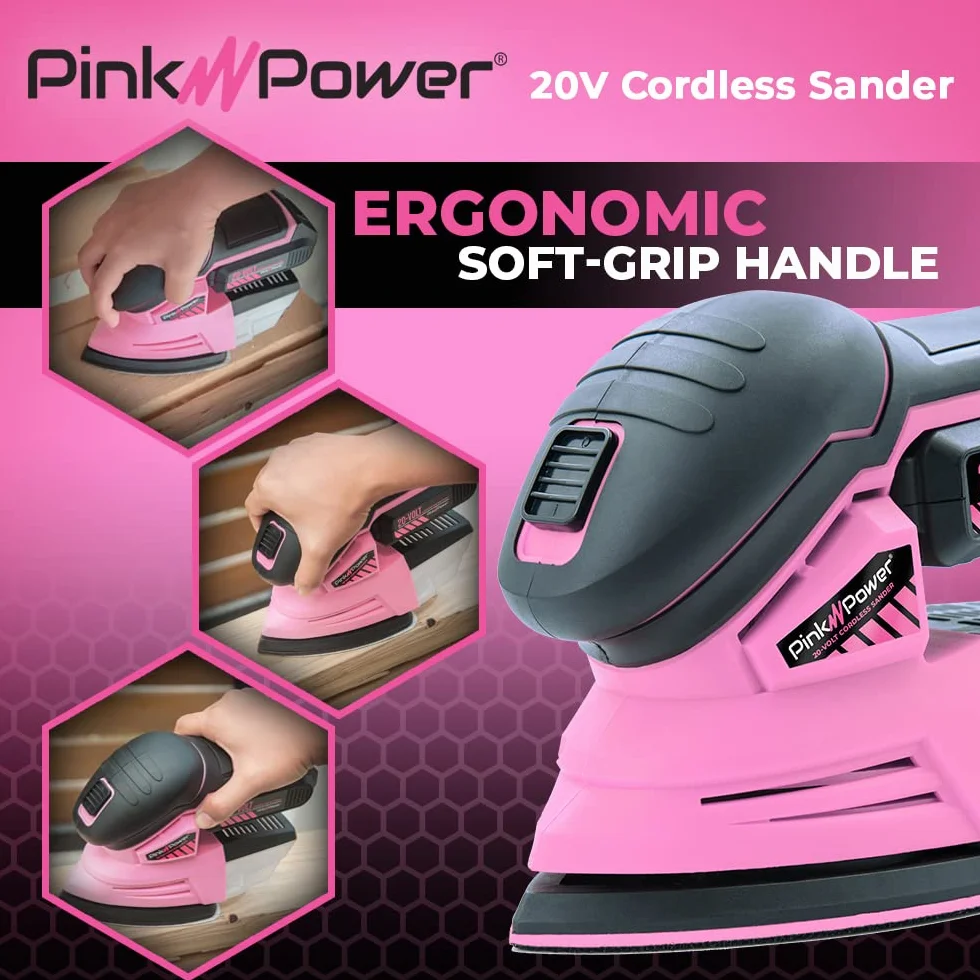 Pink Power Detail Sander - Lijadora de mano eléctrica inalámbrica de 20 V para muebles de madera, mini lijadora de palma con papel de lija, batería de iones de litio y cargador, pequeña lijadora de