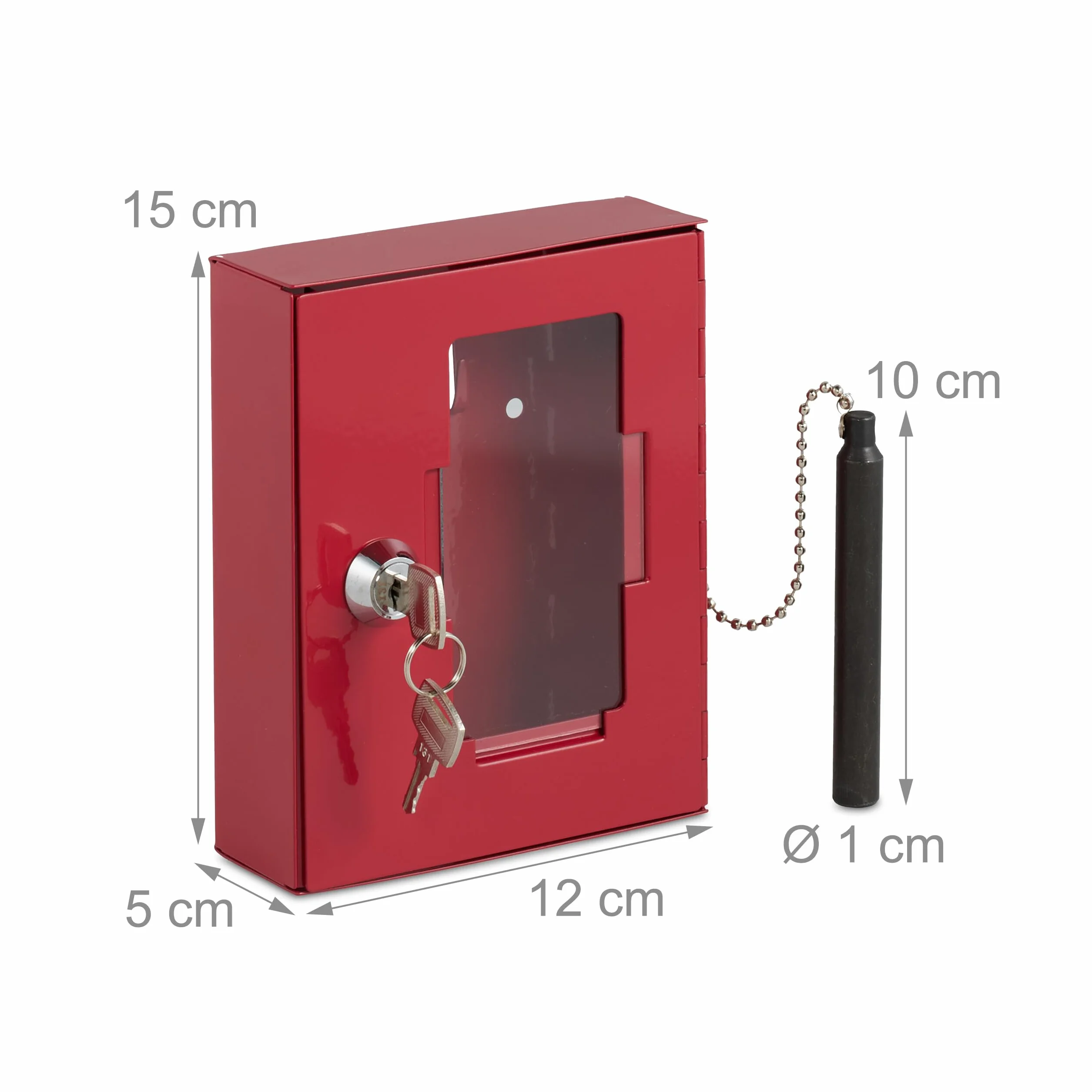 Relaxdays Caja para Llave de Emergencia, Cajetín con Ventana de Vidrio y Rompecristales, Cerradura, Cajita Metal, Rojo