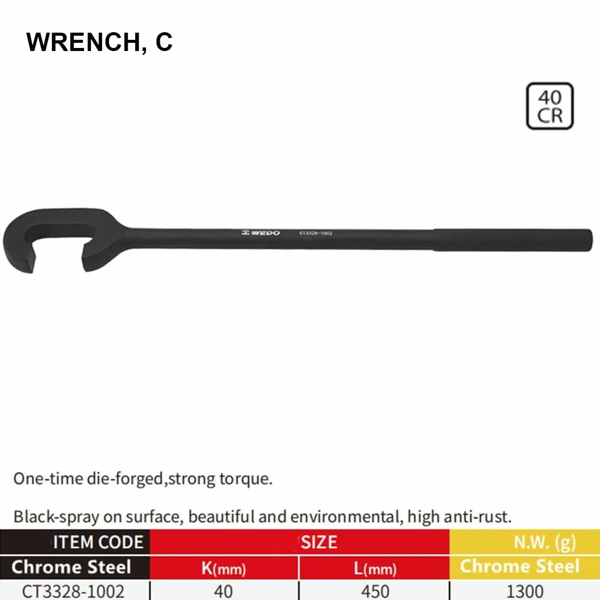 WEDO Llaves combinadas tipo C llave inglesa llave con extremo abierto herramienta para extracción e instalación 40 acero cromado resistencia al desgaste ancho 40 mm longitud 450 mm