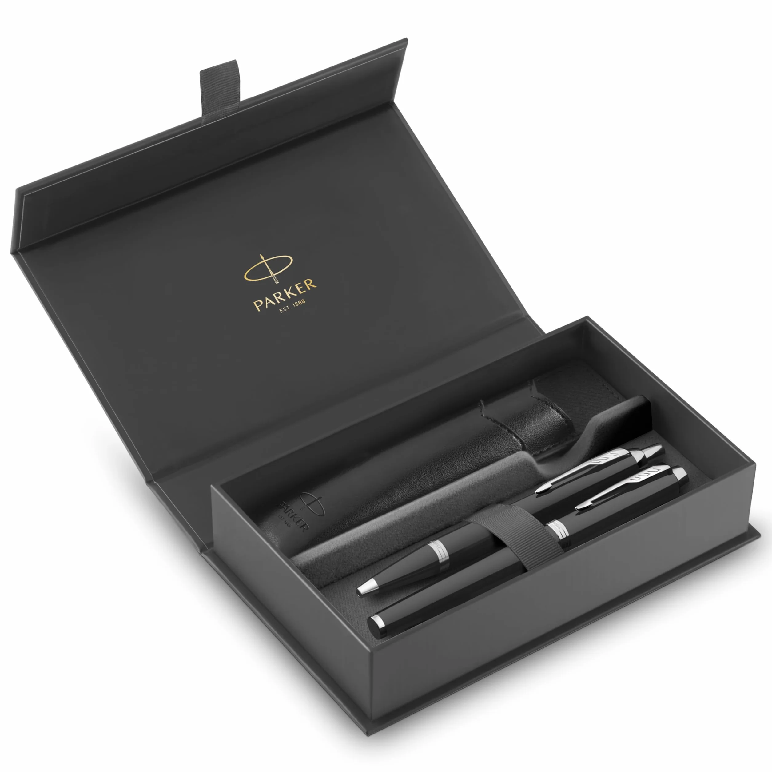 Parker IM Set de regalo Duo Pen Pluma estilográfica y bolígrafo estuche lacado negro cromado punta media recargas tinta azul