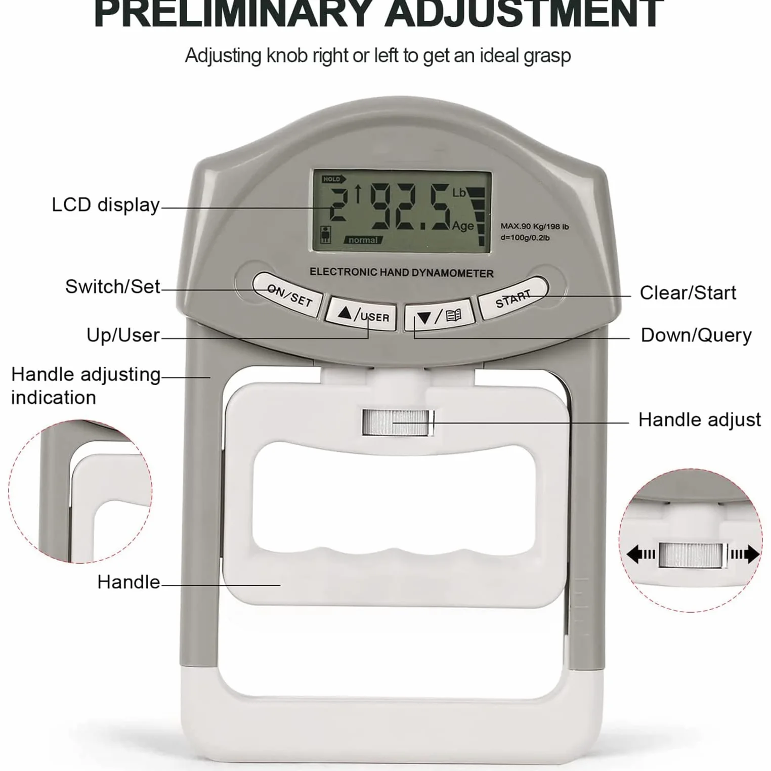 200Lb/90kg Dinamómetro Digital de mano fuerza de agarre Medición Meter Auto captura mano Grip de alimentación,potencia de agarre electrónico