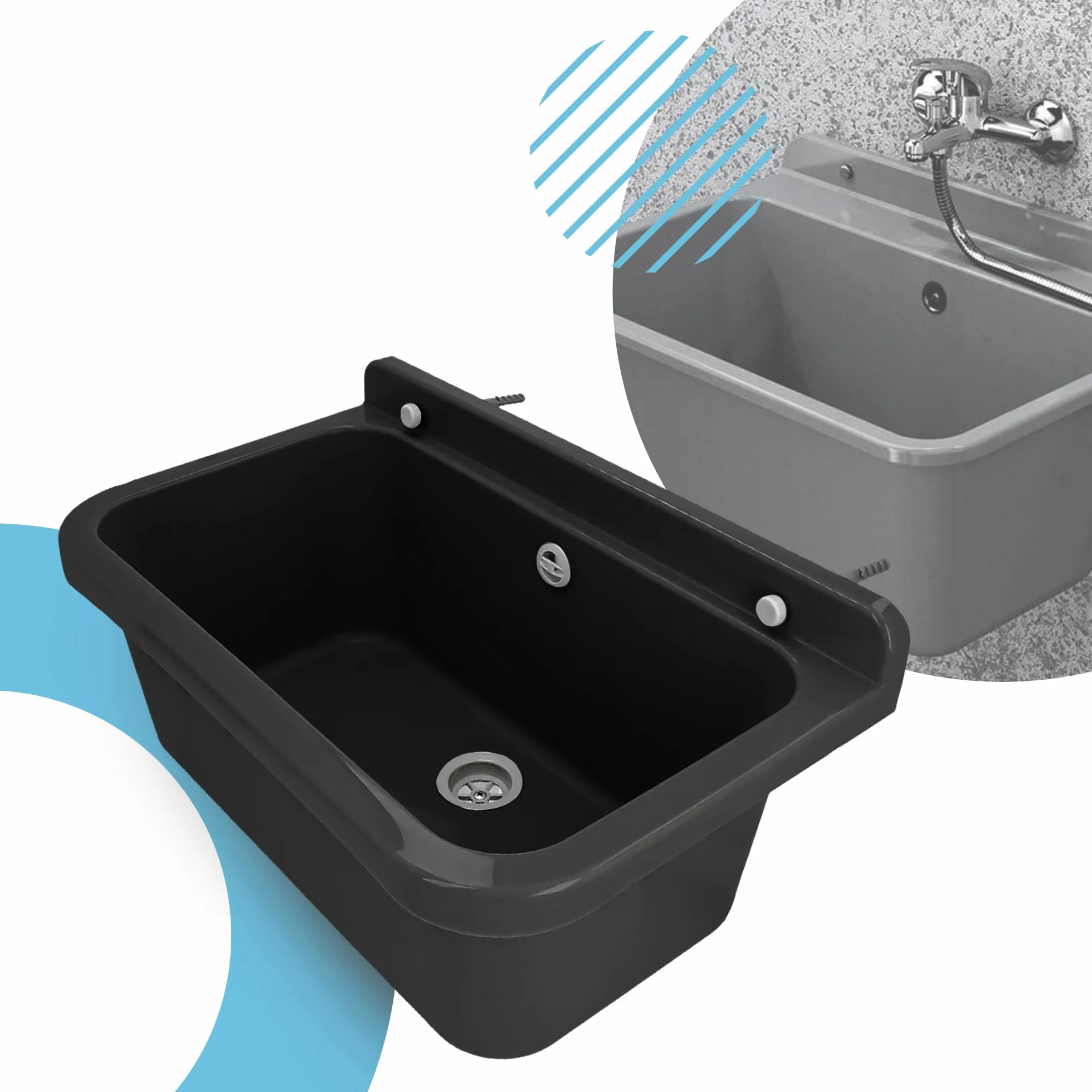 Lavabo de Cámara Fregadero Industrial Profunda Lavadero Exterior Comercial Lavamanos Jardín Garaje Lavandería Baños Fábrica 55 x 34 x 21 cm Negro