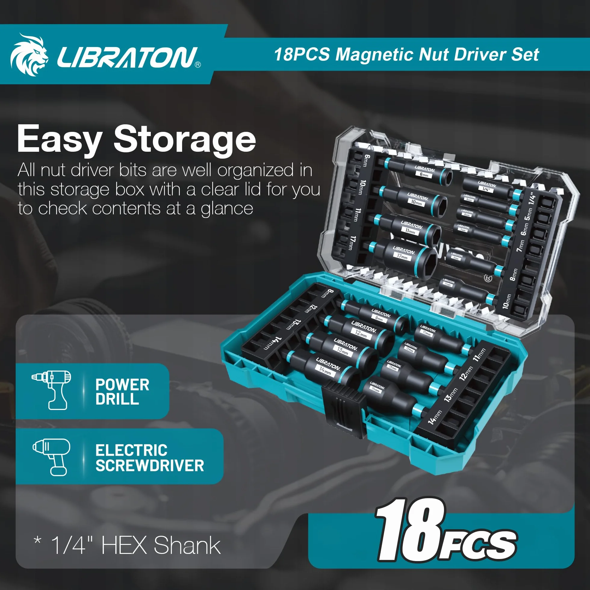 LIBRATON 18 Piezas Juego de Destornilladores Magnéticos para Tuercas para Taladro de Impacto, Métrico, Destornilladores para Tuercas de 5-14MM, Profundas de 6-17MM, Portapuntas, para Reparación