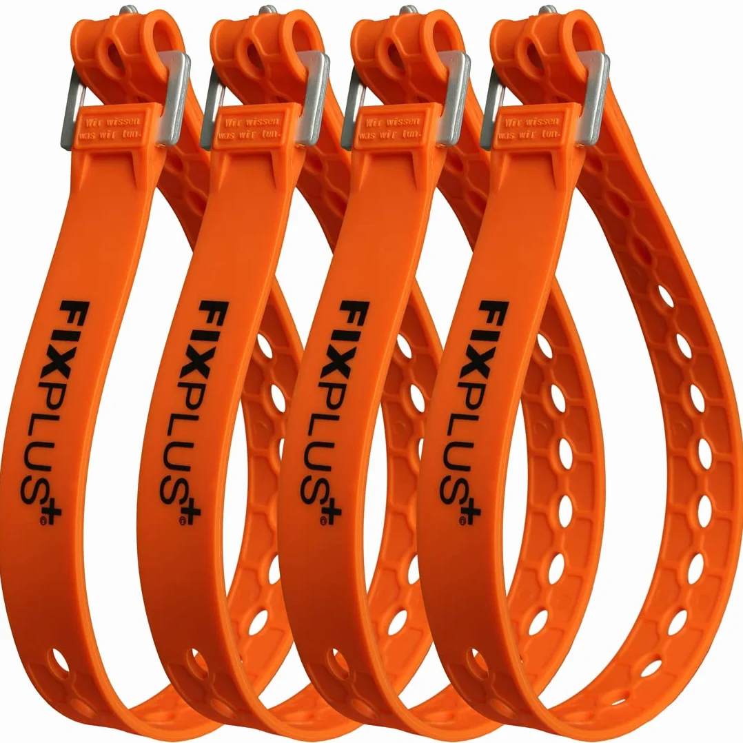Fixplus Strap Paquete de 4 - Correa de sujeción para asegurar, Sujetar, agrupar y trincar, a Base de Material plástico Especial con Hebilla de Aluminio 66cm x 2,4cm (Naranja)