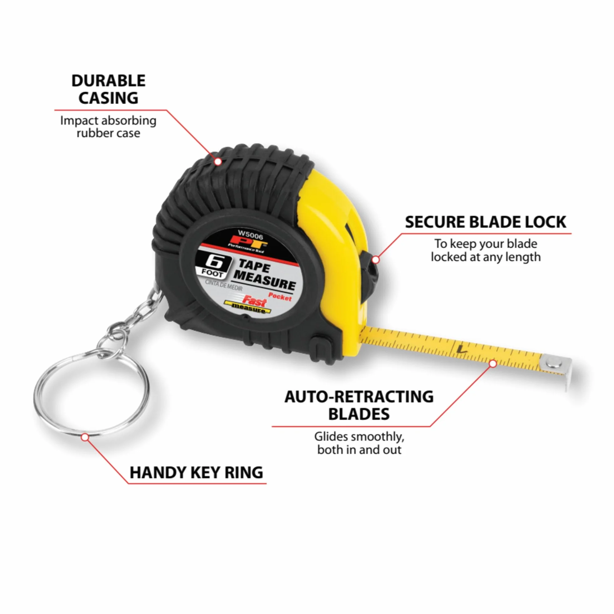 Performance Tool W5006 - Cinta métrica de bolsillo con accesorio para llavero, carcasa duradera para tratamiento áspero