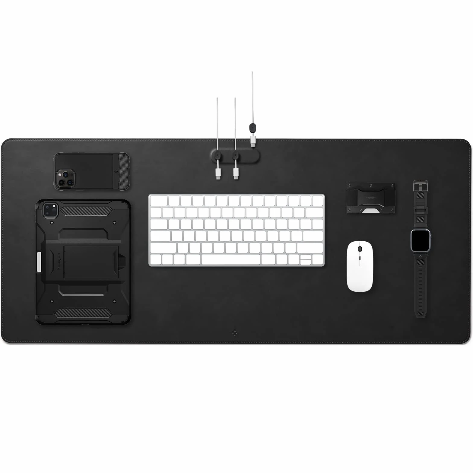 Spigen Alfombrilla de Escritorio Velo Vegan PU Cuero con Soporte Magnético para Cables y Base de Goma Antideslizante - Negro
