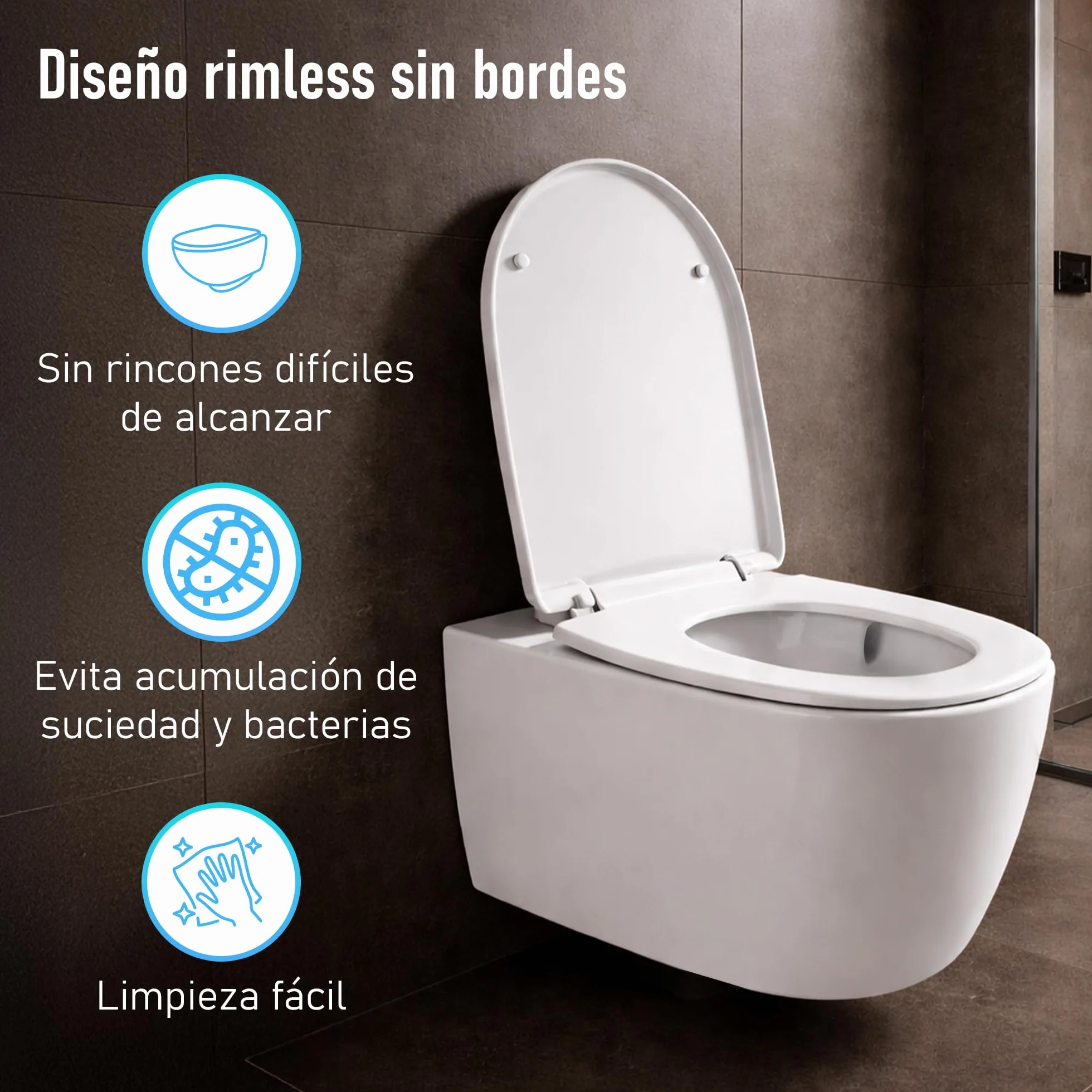 WC Inodoro de Cerámica Suspendido | 530x365x365 mm | Váter con Sistema Rimless Antibacterias, Tapa Dura Extrafina UF Amortiguada y Ahorro de Agua (Blanco)
