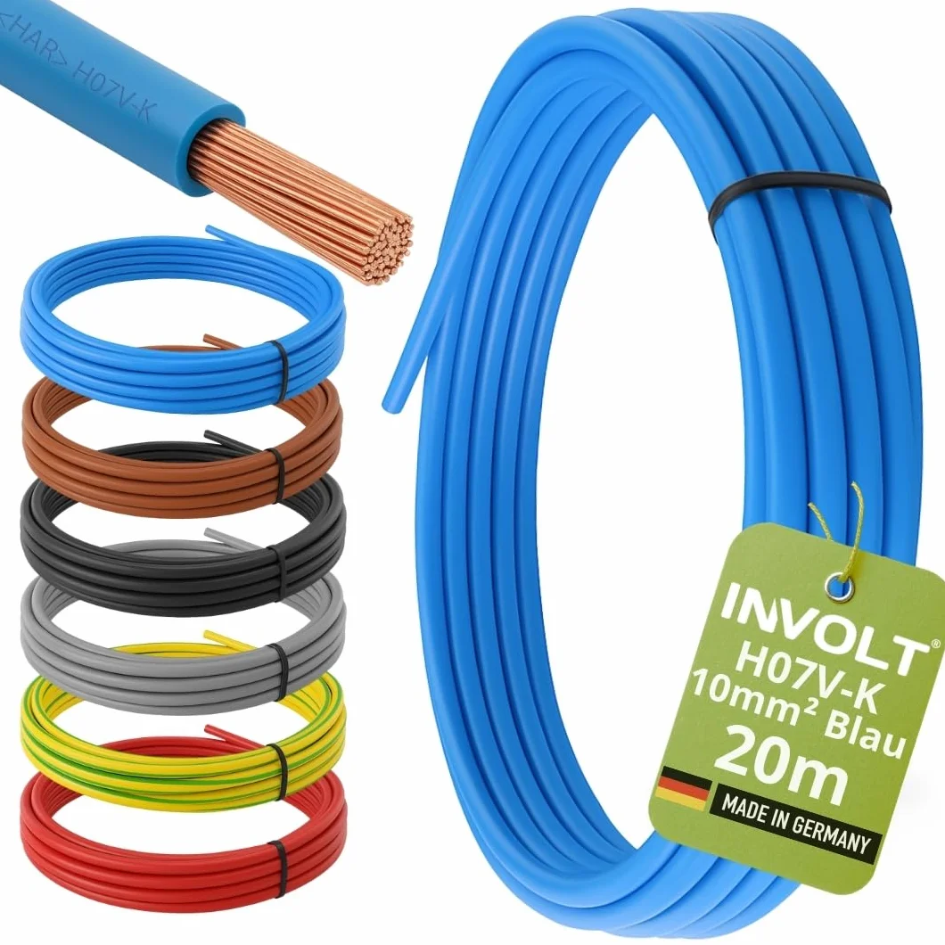 H07V-K 20m 10mm² cable de alimentación azul flexible con revestimiento de PVC por metro, fabricado en Alemania